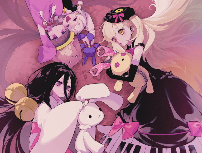 4girls :/ a.i._voice arms_up bell black_dress black_gloves black_hair blonde_hair blunt_bangs bow bowtie braid brooch brown_hair chuugoku_usagi circle_formation closed_eyes closed_mouth commentary_request dated dress earphones elbow_gloves gloves hair_bell hair_between_eyes hair_ornament hair_spread_out hat headphones heart heart_brooch highres holding holding_stuffed_toy hugging_doll hugging_object japanese_clothes jewelry jingle_bell jitome kimono kizuna_akari kizuna_akari_(moe) long_bangs long_hair long_sleeves low_twin_braids lying marutsubo mayu_(vocaloid) multiple_girls neck_ribbon on_side open_mouth pinafore_dress pink_bow pink_bowtie pink_dress purple_eyes ribbon school_hat shirt sleeveless sleeveless_dress sleeves_past_fingers sleeves_past_wrists smile stuffed_animal stuffed_rabbit stuffed_toy trait_connection tsukuyomi_ai twin_braids utau very_long_hair vocaloid voiceroid white_kimono white_ribbon white_shirt wide_sleeves yellow_eyes