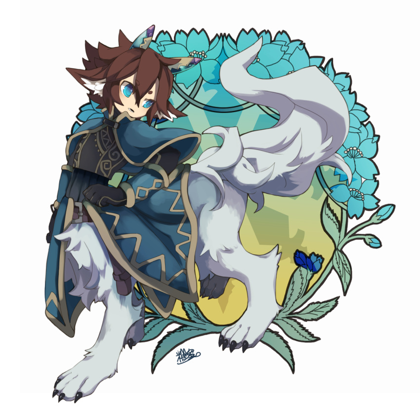 1boy animal_ear_fluff animal_ears belt black_gloves blue_background blue_capelet blue_eyes blue_flower blue_pupils brown_belt brown_hair bud capelet centauroid claws coat collared_capelet floral_background flower full_body gloves gradient_background grey_fur hair_between_eyes hand_on_own_hip hand_up high_collar highres horns inumimi-syndrome looking_to_the_side male_focus monster_boy multicolored_background open_mouth pixiv_fantasia pixiv_fantasia_last_saga ringed_eyes short_eyebrows short_hair signature solo tail taur walking wolf_boy wolf_ears wolf_tail yellow_background