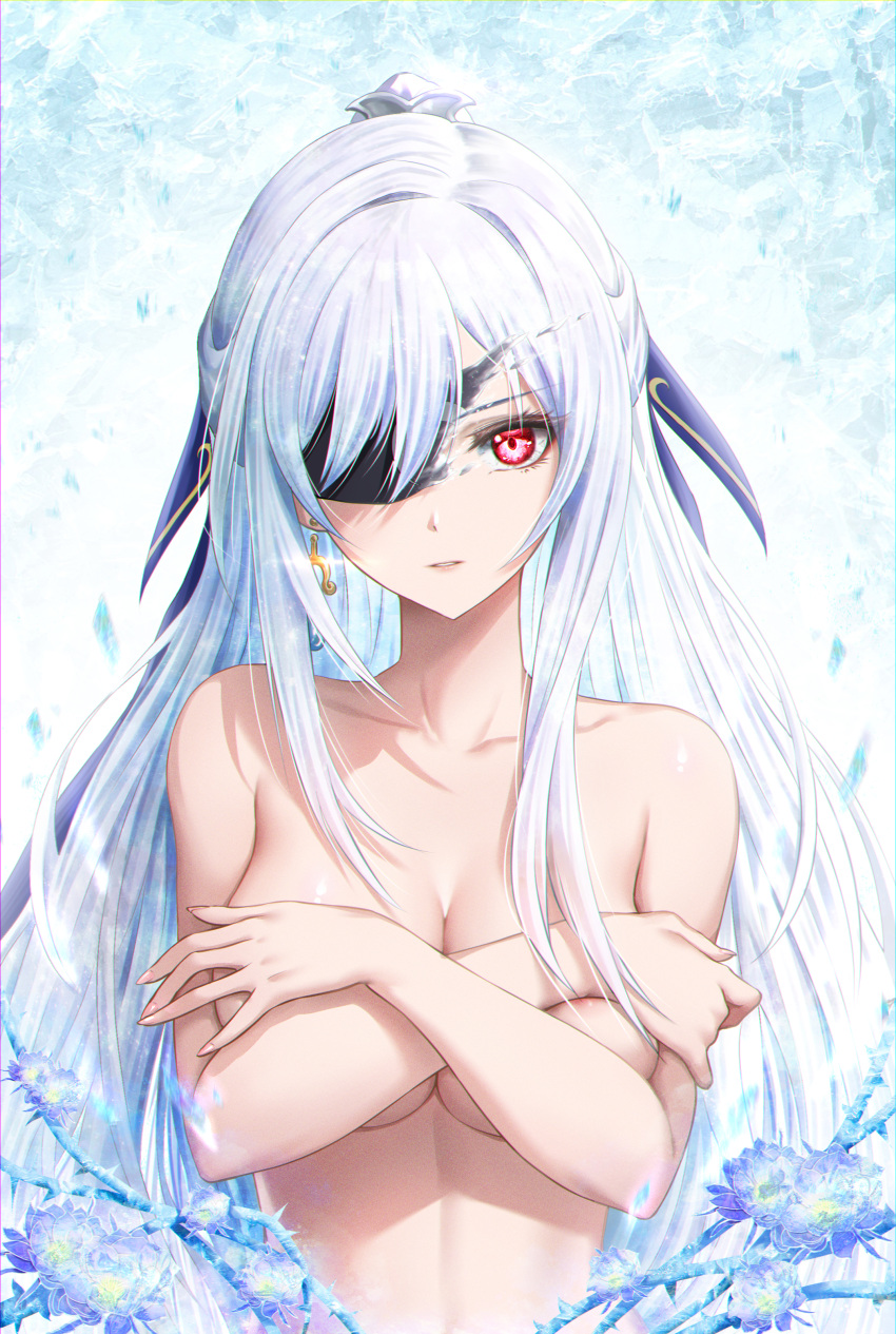 1girl absurdres blue_flower breasts collarbone completely_nude covering_breasts covering_privates earrings eyepatch flower glint highres honkai:_star_rail honkai_(series) jewelry jingliu_(honkai:_star_rail) large_breasts long_hair looking_at_viewer nude one_eye_covered parted_lips ponytail red_eyes royboy simple_background single_earring solo thorns upper_body very_long_hair white_background white_hair