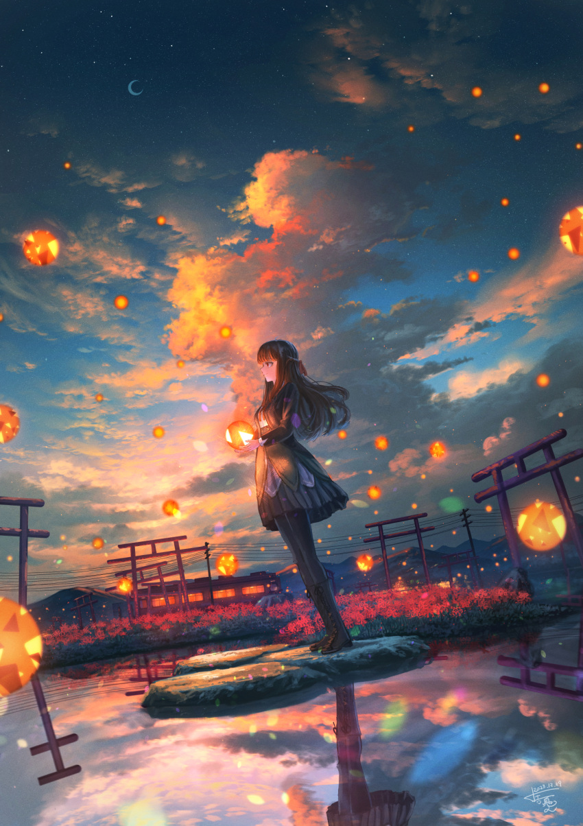 1girl black_dress black_footwear black_hair black_pantyhose boots brown_eyes closed_mouth cloud commentary_request crescent_moon dress evening flower gem highres holding holding_gem long_hair moon mountainous_horizon original outdoors pantyhose power_lines red_flower reflection scenery shuu_illust signature sky solo spider_lily star_(sky) sunset torii