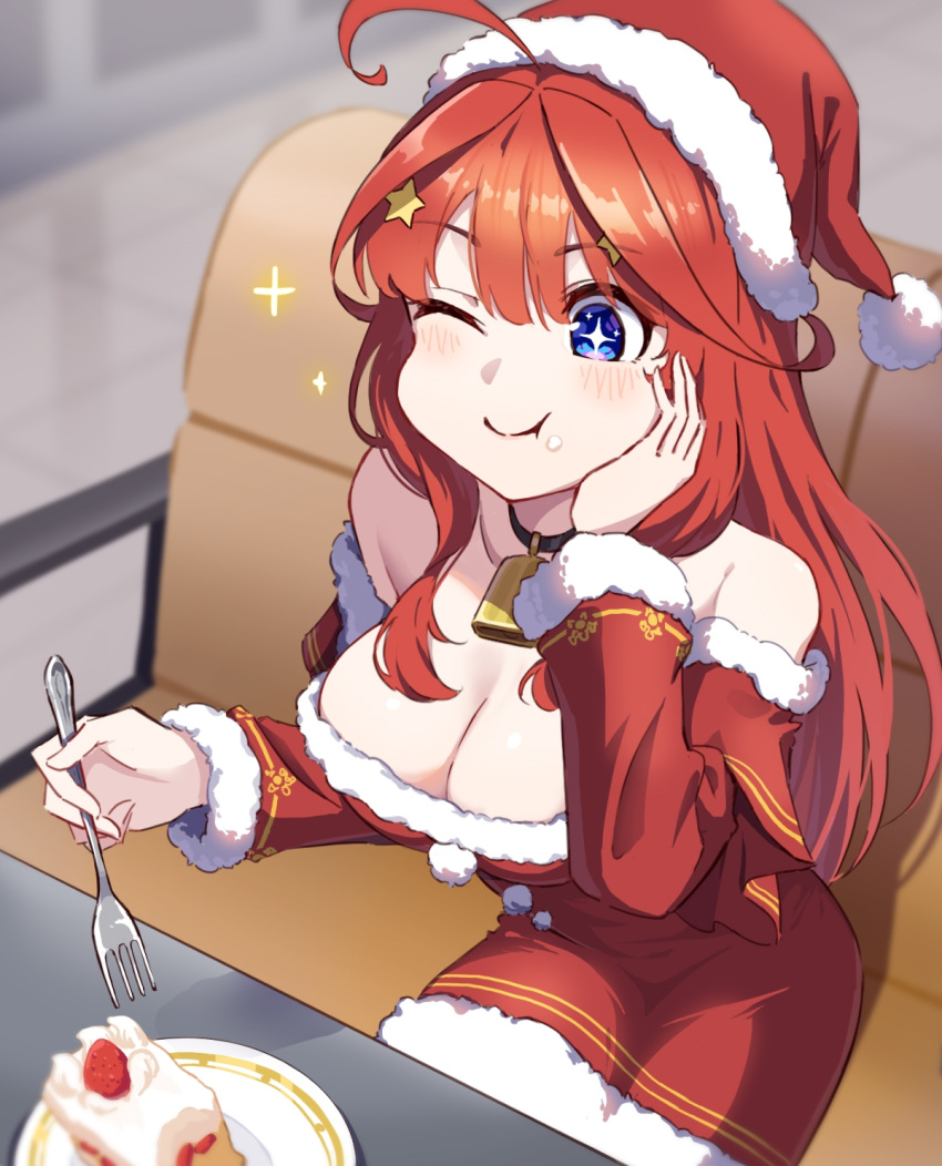 +_+ 1girl :t ahoge bare_shoulders bell blue_eyes breasts cake cake_slice christmas commentary_request cowbell detached_sleeves dress eating food fork fruit fur-trimmed_dress fur-trimmed_headwear fur_trim go-toubun_no_hanayome hair_between_eyes hair_ornament hand_on_own_cheek hand_on_own_face hat highres holding holding_fork hyoe_(hachiechi) large_breasts long_hair nakano_itsuki nipples off-shoulder_dress off_shoulder red_dress red_hair santa_dress santa_hat sitting solo star_(symbol) star_hair_ornament strawberry