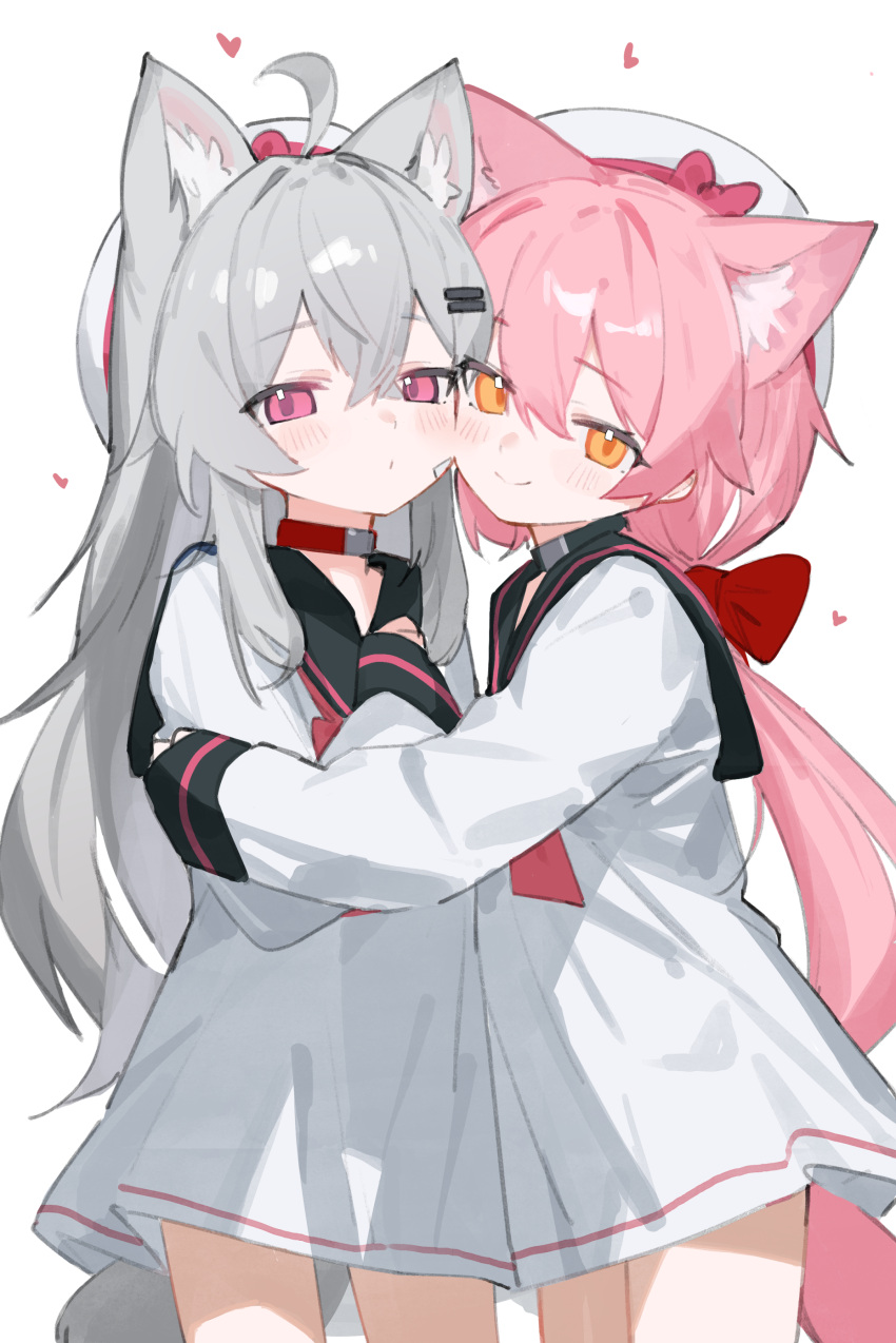 2girls absurdres ahoge animal_ear_fluff animal_ears bandaid bandaid_on_cheek bandaid_on_face black_collar black_sailor_collar bow closed_mouth collar commentary_request cowboy_shot crossed_bangs dress extra_ears fenrir_(fenriluuu) grey_hair hair_between_eyes hair_bow highres hug long_hair long_sleeves looking_at_viewer low_ponytail multiple_girls naru-chan original pink_eyes pink_hair red_bow red_collar rir-chan sailor_collar sailor_dress simple_background tail white_background white_dress wolf_ears wolf_girl wolf_tail yellow_eyes