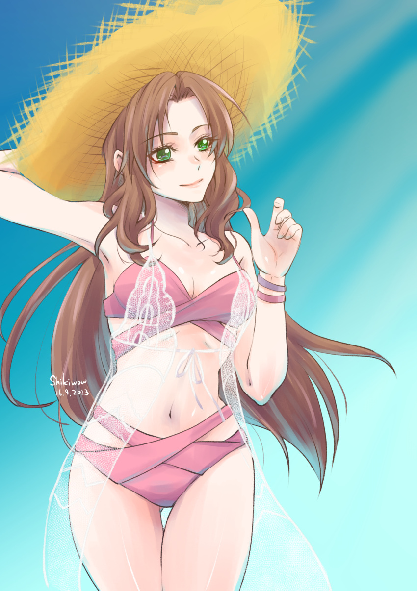 1girl absurdres aerith_gainsborough aerith_gainsborough_(sunny_robe) aqua_background arm_behind_head artist_name bare_shoulders bikini bracelet breasts brown_hair cleavage closed_mouth cowboy_shot dated final_fantasy final_fantasy_vii final_fantasy_vii_ever_crisis final_fantasy_vii_remake green_eyes hat highres holding holding_clothes holding_hat jewelry lace long_hair medium_breasts navel official_alternate_costume parted_bangs pink_bikini shawl shikiwo sidelocks smile solo standing straw_hat swimsuit thigh_gap wavy_hair