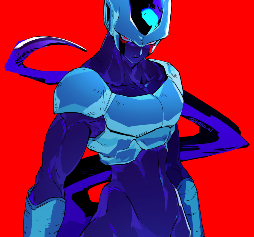 1boy alien artist_name bald closed_mouth collarbone colored_skin dragon_ball dragon_ball_z highres kokusoji kubrick_stare looking_at_viewer male_focus portrait purple_skin red_background red_eyes solo tail toned toned_male upper_body