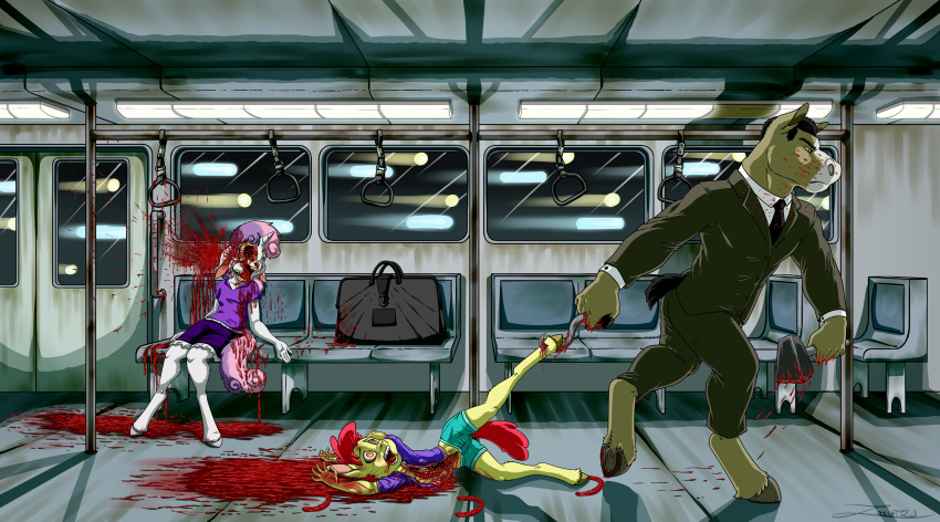 apple_bloom_(mlp) blood bodily_fluids death equid equine female friendship_is_magic gore group guts hasbro hi_res horse killing male mammal metro my_little_pony organs parody pony sweetie_belle_(mlp) the_midnight_meat_train train trio vehicle violence wounded zooshi