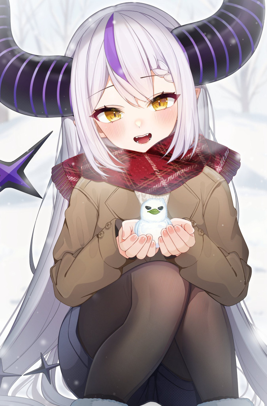 1girl alternate_costume black_horns blush braid braided_bangs breath brown_pantyhose em_0801 grey_hair highres holding hololive horns jacket la+_darknesss long_hair long_sleeves multicolored_hair open_mouth pantyhose pointy_ears purple_hair red_scarf scarf shorts sitting slit_pupils snow streaked_hair striped_horns very_long_hair virtual_youtuber yellow_eyes
