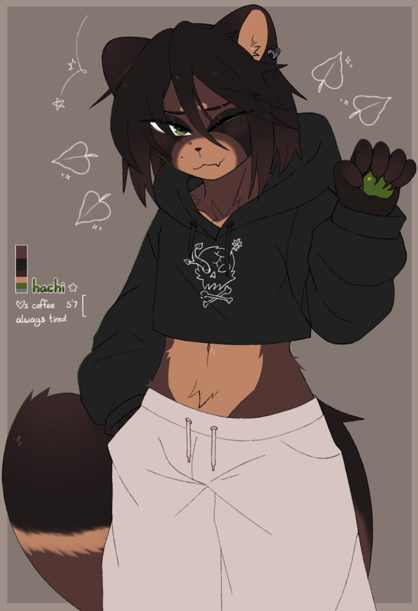 anthro belly_tuft black_clothing black_topwear bottomwear brown_body brown_fur brown_hair canid canine clothing crop_top cute_fangs ear_piercing facial_piercing fur green_eyes grey_bottomwear grey_clothing grey_pants hachi_(hachikxma) hachikxma hair hi_res male mammal model_sheet nose_piercing organs pants piercing raccoon_dog shirt solo stomach sweatpants tanuki topwear tuft