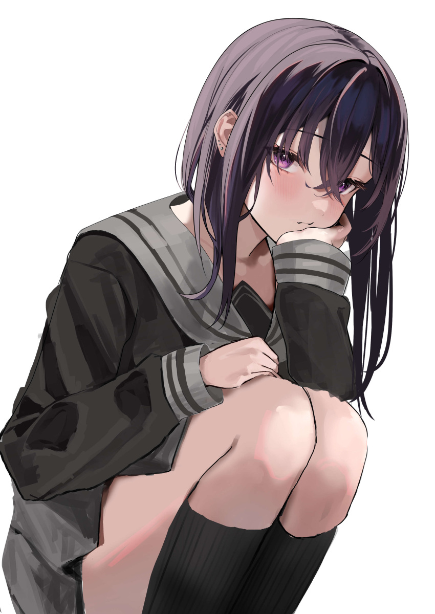 1girl absurdres black_hair black_shirt black_socks blush closed_mouth commentary_request feet_out_of_frame grey_sailor_collar grey_skirt head_rest highres ichinose_uruha long_sleeves looking_at_viewer lupinus_virtual_games medium_hair oreazu pleated_skirt purple_eyes sailor_collar school_uniform serafuku shirt simple_background skirt socks solo squatting virtual_youtuber vspo! white_background