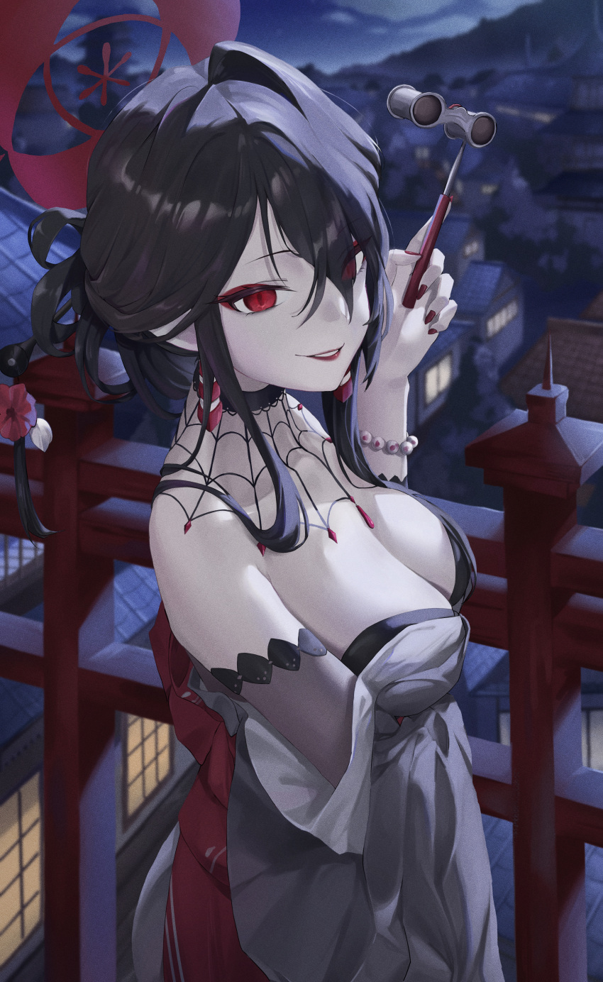 1girl absurdres black_hair blue_archive breasts cleavage fingernails grey_kimono hair_ornament hair_stick halo highres holding japanese_clothes kimono kokuriko_(blue_archive) lips long_hair medium_breasts nail_polish night open_mouth opera_glasses outdoors red_eyes red_halo red_nails renge_(730) smile solo