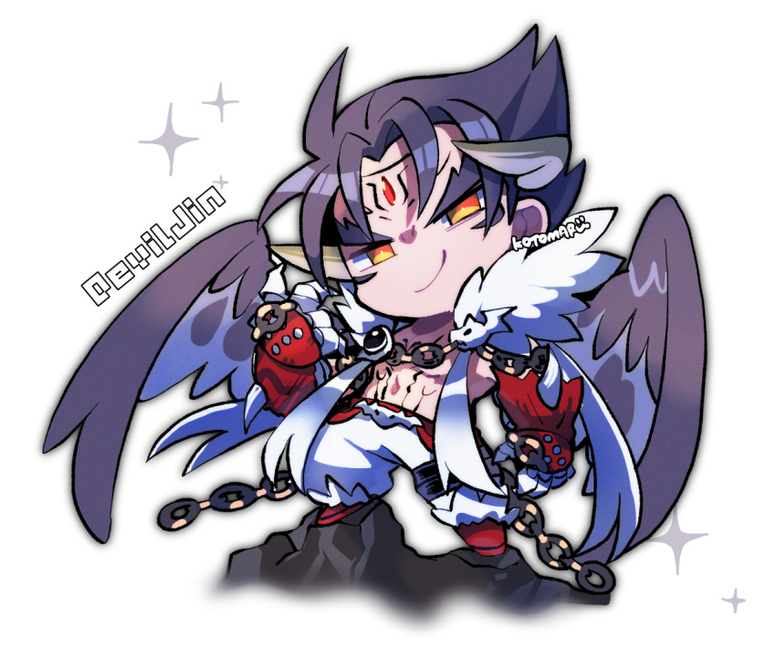 1boy black_hair black_wings cape chain character_name chibi claws closed_mouth devil_jin facial_mark forehead_jewel full_body fur-trimmed_cape fur_trim gloves kazama_jin kotorai looking_at_viewer male_focus no_nose orange_eyes red_footwear red_gloves smile solo standing studded_gloves tekken thick_eyebrows topless_male v-shaped_eyebrows white_cape wings