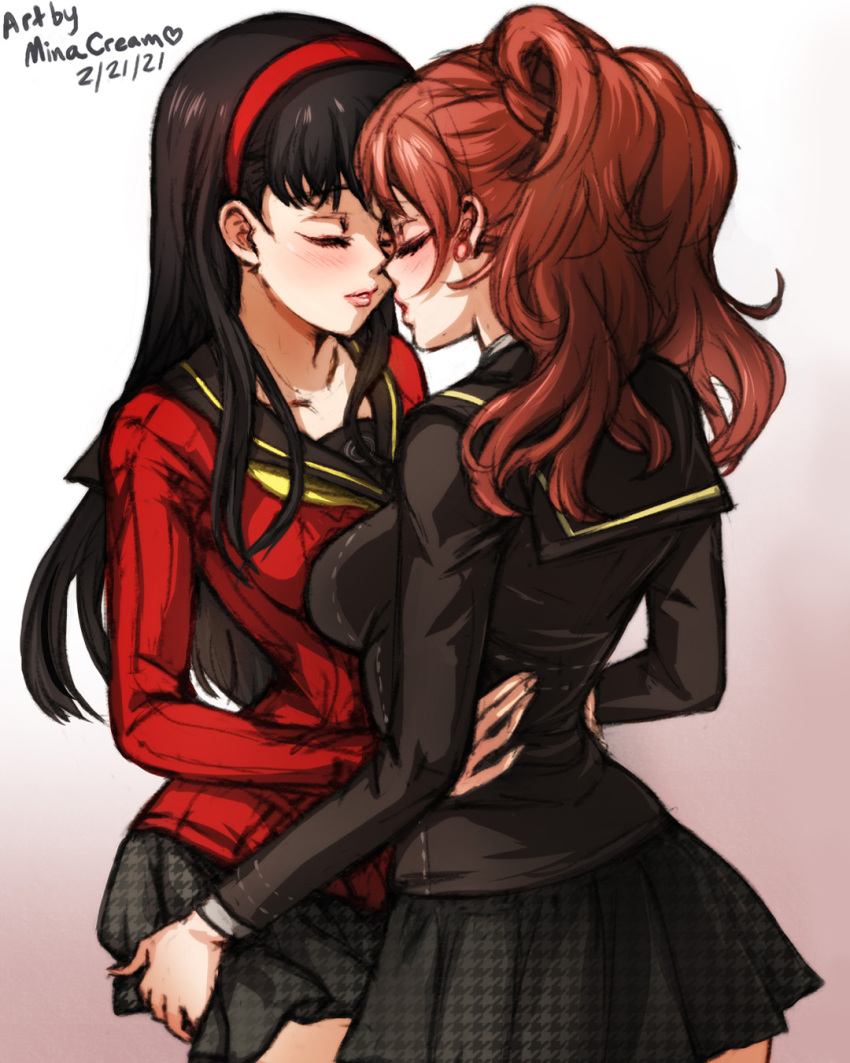 2girls amagi_yukiko artist_name black_hair black_sailor_collar black_shirt black_skirt brown_hair closed_eyes dated earrings gradient_background grey_background hairband highres hug imminent_kiss jewelry kujikawa_rise long_hair long_sleeves mina_cream miniskirt multiple_girls parted_lips persona persona_4 pleated_skirt print_skirt red_hairband red_shirt sailor_collar school_uniform shirt skirt straight_hair twintails white_background yasogami_school_uniform yuri