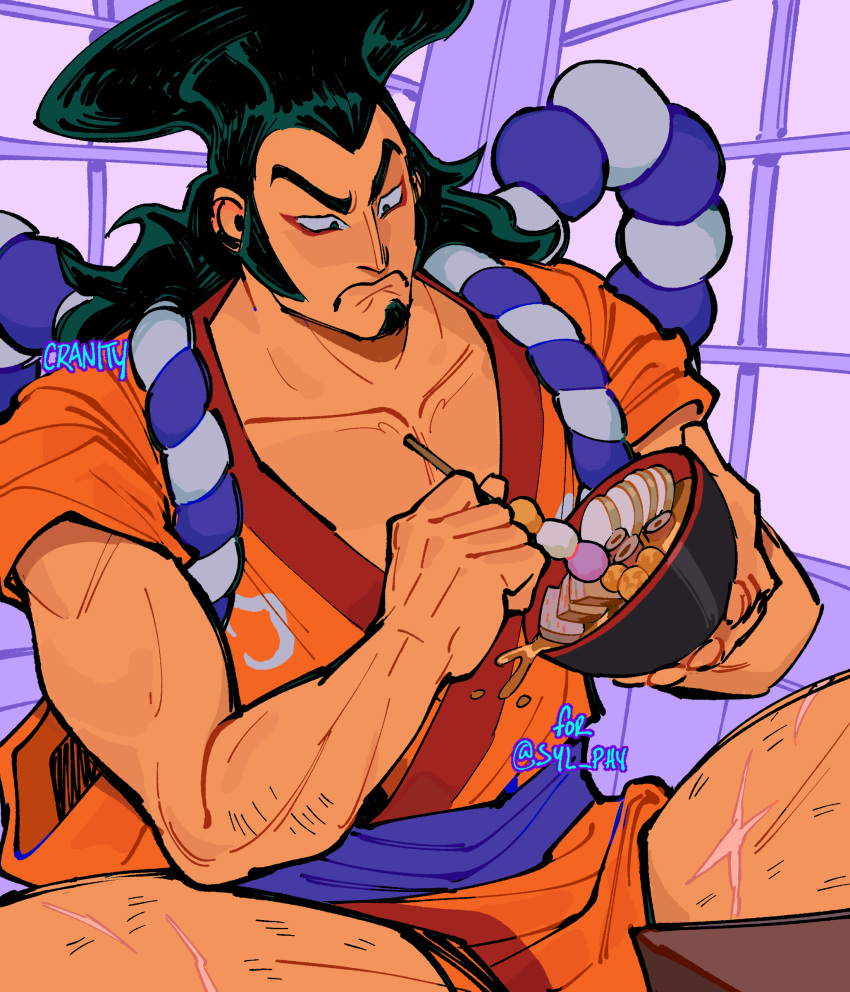 1boy absurdres bare_pectorals black_hair bowl cranity cross_scar eyeliner facial_hair feet_out_of_frame food goatee highres holding holding_bowl impossible_hair japanese_clothes kimono kouzuki_oden long_hair long_sideburns looking_down makeup male_focus mature_male muscular muscular_male oden one_piece orange_kimono pectorals red_eyeliner rope scar scar_on_leg shimenawa sideburns sitting sleeves_rolled_up solo sparse_arm_hair sparse_leg_hair spread_legs thick_eyebrows v-shaped_eyebrows