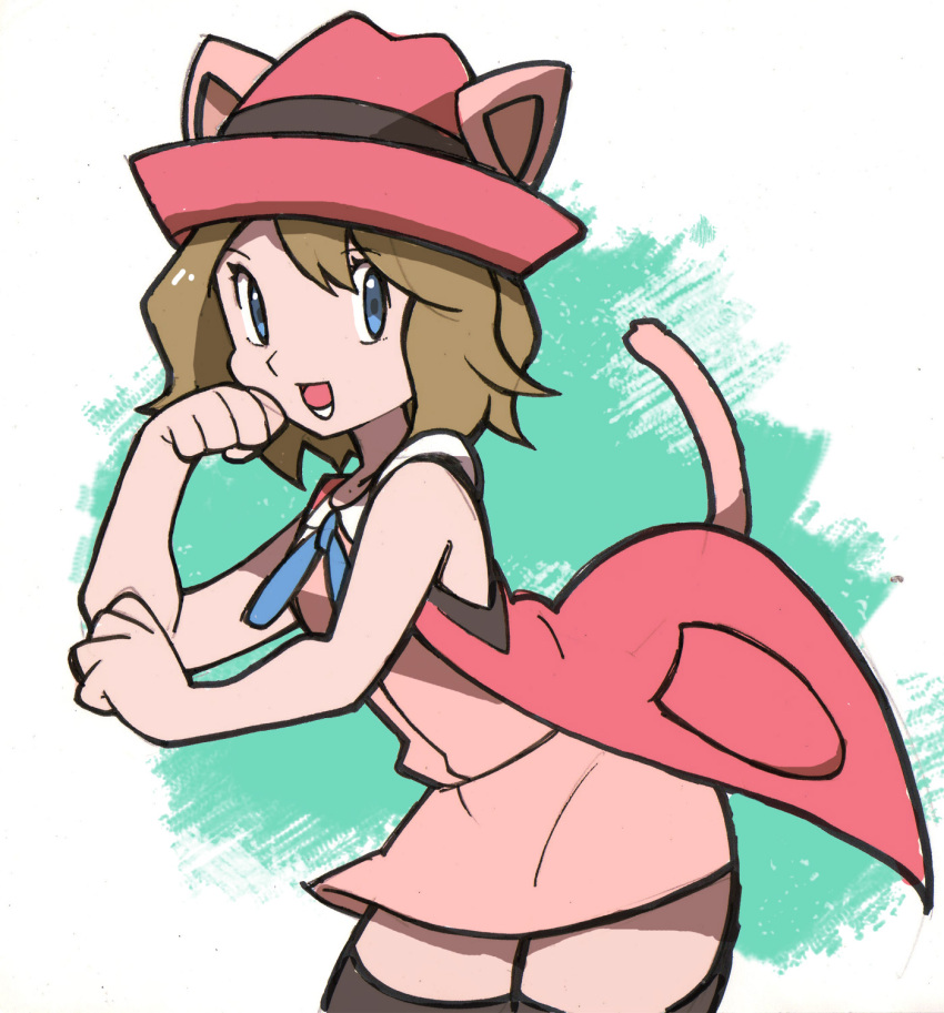 1girl animal_ears bare_shoulders bent black_thighhighs blonde_hair blue_eyes blue_ribbon bravefarm2 breasts cat_ears cat_tail clenched_hands coat collared_dress cowboy_shot dress eyelashes green_background highres open_mouth overcoat pink_dress pink_headwear pokemon pokemon_xy ribbon serena_(pokemon) short_hair simple_background sleeveless small_breasts solo standing tail thighhighs white_background zettai_ryouiki