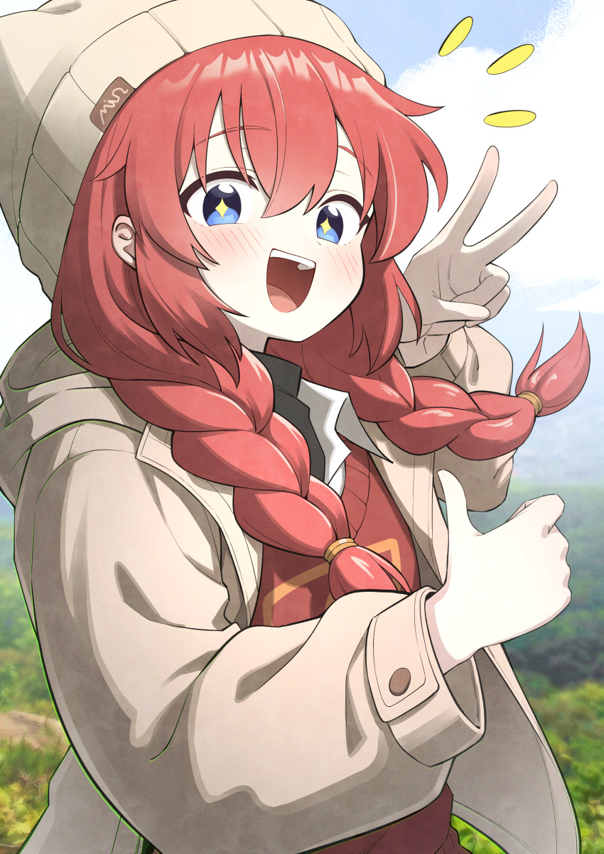 1girl :d absurdres beanie blue_archive blue_eyes blush braid coat golmonggu hat highres long_hair long_sleeves looking_at_viewer maki_(blue_archive) maki_(camp)_(blue_archive) official_alternate_costume open_mouth outdoors red_hair red_sweater shirt smile solo sweater teeth twin_braids upper_teeth_only v white_coat white_headwear white_shirt