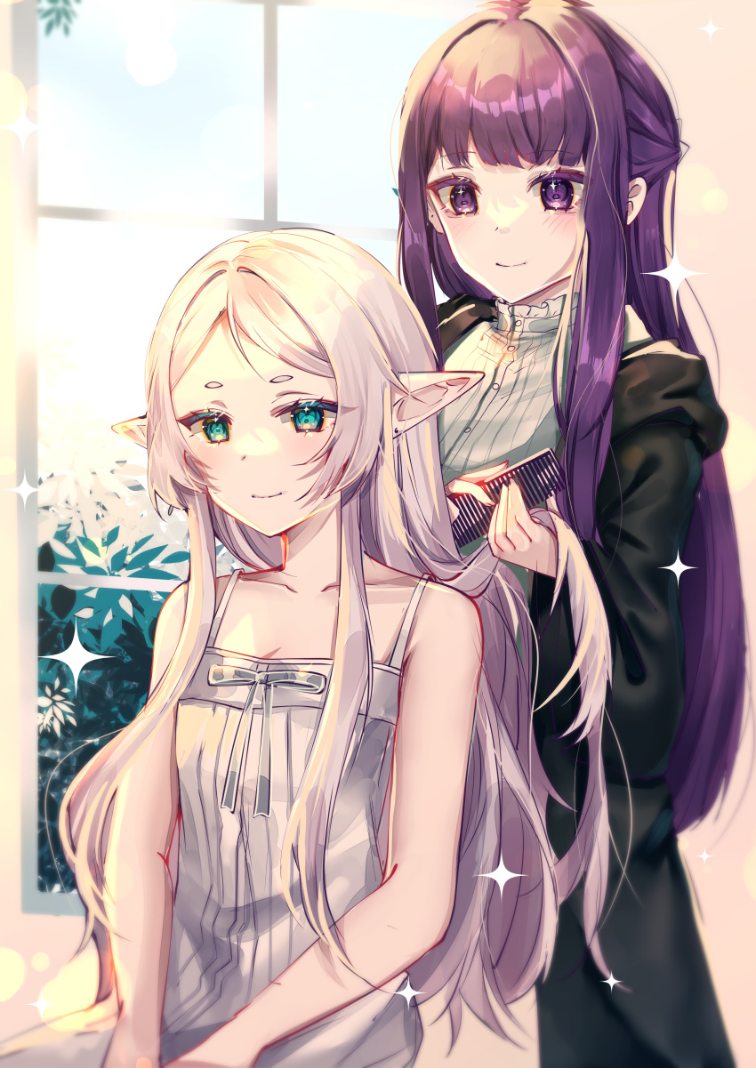 2girls absurdres bare_shoulders black_robe brushing_another's_hair brushing_hair closed_mouth collarbone comb dress earrings elf fern_(sousou_no_frieren) forehead frieren green_eyes grey_hair highres indoors jewelry long_hair multiple_girls parted_bangs pointy_ears purple_eyes purple_hair robe sitting sleeveless sleeveless_dress smile sousou_no_frieren sparkle standing tactoki thick_eyebrows very_long_hair white_dress window