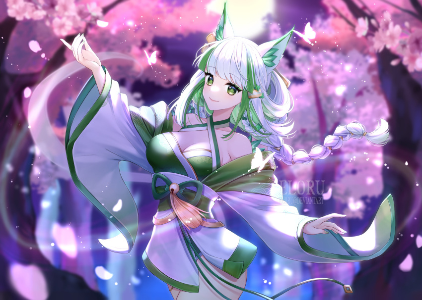 1girl absurdres animal_ear_fluff animal_ears artist_name bare_shoulders bell blunt_bangs braid breasts bug butterfly cherry_blossoms cleaver closed_mouth commentary commission cowboy_shot deviantart_username eloru english_commentary eyelashes eyeshadow falling_petals flower fox_ears full_moon green_eyes green_eyeshadow green_hair green_kimono green_ribbon hair_lift hair_ornament highres indie_virtual_youtuber japanese_clothes jingle_bell kimono kitsunya_(vtuber) large_breasts long_hair long_sleeves looking_at_viewer low_twin_braids makeup moon multicolored_hair night obi outdoors outstretched_arms petals pink_flower pink_lips ribbon sash short_kimono sideboob smile solo streaked_hair tassel tree twin_braids virtual_youtuber watermark white_hair white_sleeves wide_sleeves