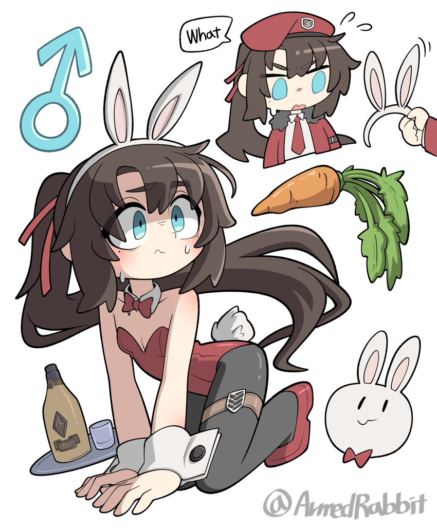 1boy 1other absurdres alcohol all_fours animal_ears armedrabbit artist_name bare_shoulders beret black_pantyhose blue_eyes blush bottle bow bowtie brown_hair carrot chibi closed_mouth collar collarbone commander_(girls'_frontline) commission confused detached_collar english_text fake_animal_ears fake_tail full_body girls'_frontline glass hair_ribbon hat highres holding_headband journey_in_the_auspicious_snow_(girls'_frontline) leotard long_hair long_sleeves looking_at_object looking_to_the_side mars_symbol mole mole_under_eye necktie open_mouth otoko_no_ko pantyhose platform_footwear platform_heels playboy_bunny ponytail rabbit_ears rabbit_tail red_bow red_bowtie red_footwear red_headwear red_leotard red_necktie red_ribbon ribbon speech_bubble sweatdrop tail white_background white_collar white_wrist_cuffs