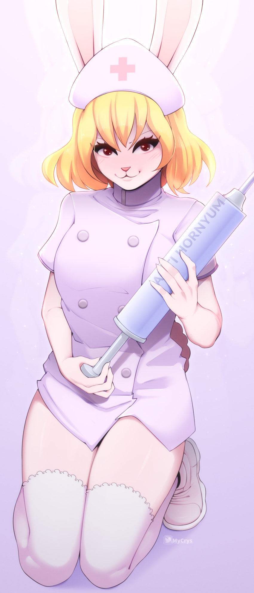 absurd_res anthro blonde_hair blush carrot_(one_piece) clothed clothing digital_media_(artwork) english_text female fur hair hat headgear headwear hi_res lagomorph legwear leporid looking_at_viewer mammal medical_instrument minkmen_(one_piece) mycrys nurse nurse_clothing nurse_hat nurse_headwear nurse_uniform one_piece rabbit scientific_instrument simple_background smile smug_face solo tagme tail text uniform white_body white_fur