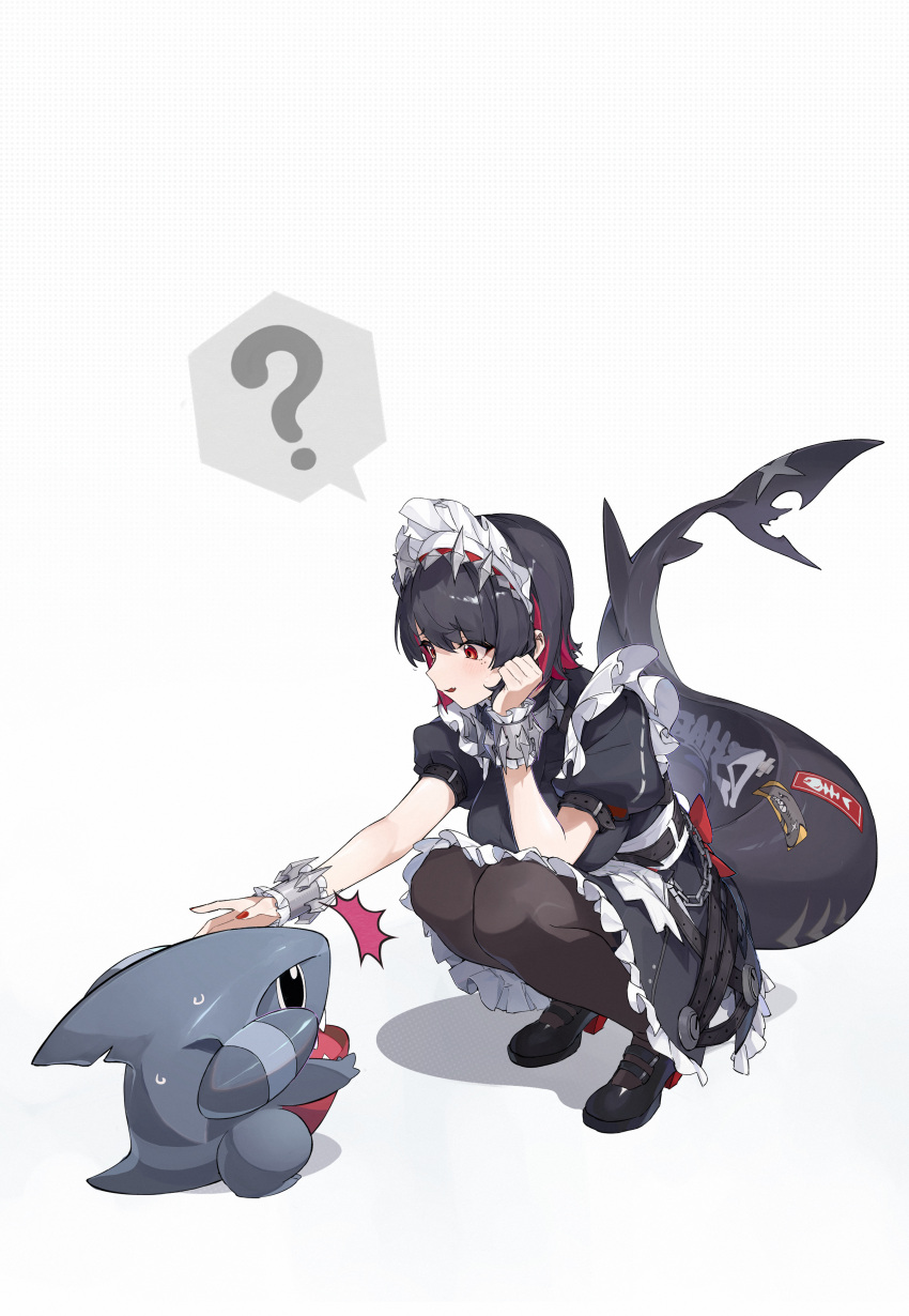 1girl ? absurdres black_dress black_hair breasts colored_inner_hair dress ellen_joe fins fish_tail full_body gible highres large_breasts lihua_zouxian_zhiyin maid_headdress multicolored_hair pantyhose parted_lips pokemon pokemon_(creature) puffy_short_sleeves puffy_sleeves red_eyes red_hair red_nails shark_tail shoes short_sleeves simple_background smile spoken_question_mark squatting tail white_background wrist_cuffs zenless_zone_zero