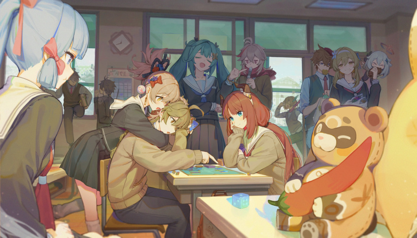 6+boys 6+girls absurdres aether_(genshin_impact) alhaitham_(genshin_impact) alternate_universe arm_behind_back black_pants black_skirt blonde_hair blue_hair book bow brown_hair chair classroom clock closed_eyes collared_shirt desk eating faruzan_(genshin_impact) food genius_invokation_tcg genshin_impact guoba_(genshin_impact) hair_bow hair_ornament hairband halo highres holding holding_book horns index_finger_raised indoors instrument kaedehara_kazuha kamisato_ayaka kaveh_(genshin_impact) long_hair long_sleeves lumine_(genshin_impact) mincho mouth_hold multicolored_hair multiple_boys multiple_girls music neckerchief necktie nilou_(genshin_impact) open_mouth paimon_(genshin_impact) pants pink_bow playing_instrument pleated_skirt pout red_hair red_neckerchief red_necktie red_scarf running sailor_collar scarf school_chair school_desk school_uniform serafuku shirt sitting skirt smile solo streaked_hair stuffed_animal stuffed_toy tartaglia_(genshin_impact) twintails wall_clock white_sailor_collar white_shirt x_hair_ornament yoimiya_(genshin_impact) zhongli_(genshin_impact)