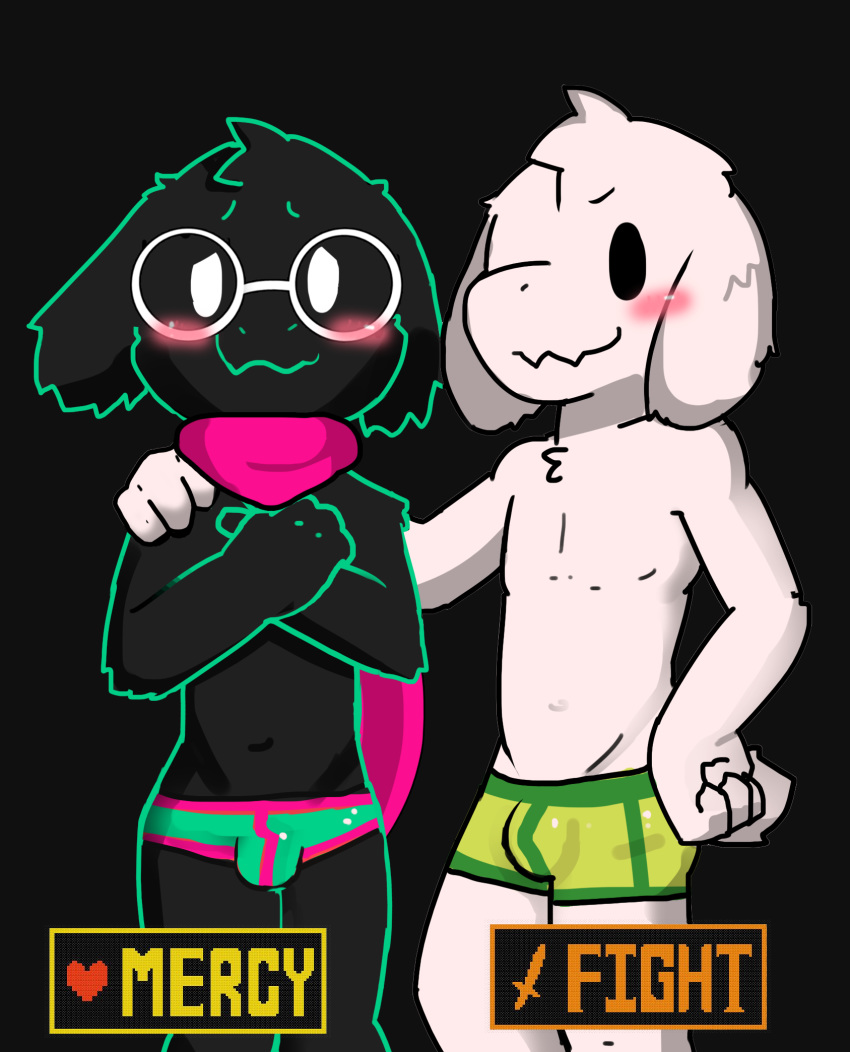 asriel_dreemurr blush boss_monster bulge clothing cub deltarune eyewear glasses kake0078 male ralsei scarf undertale underwear video_games young