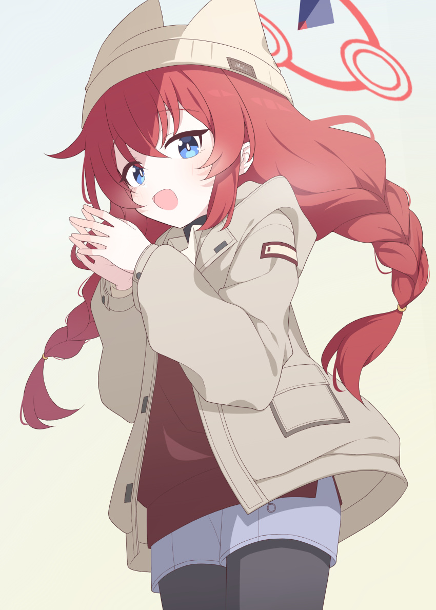 1girl absurdres black_pantyhose blue_archive blue_eyes blush braid brown_shirt cowboy_shot gradient_background grey_headwear grey_jacket grey_shorts hagoonha halo hat highres hood hood_down hooded_jacket jacket long_hair long_sleeves looking_at_viewer maki_(blue_archive) maki_(camp)_(blue_archive) official_alternate_costume official_alternate_hairstyle open_clothes open_jacket open_mouth pantyhose red_hair red_halo shirt shorts smile solo twin_braids
