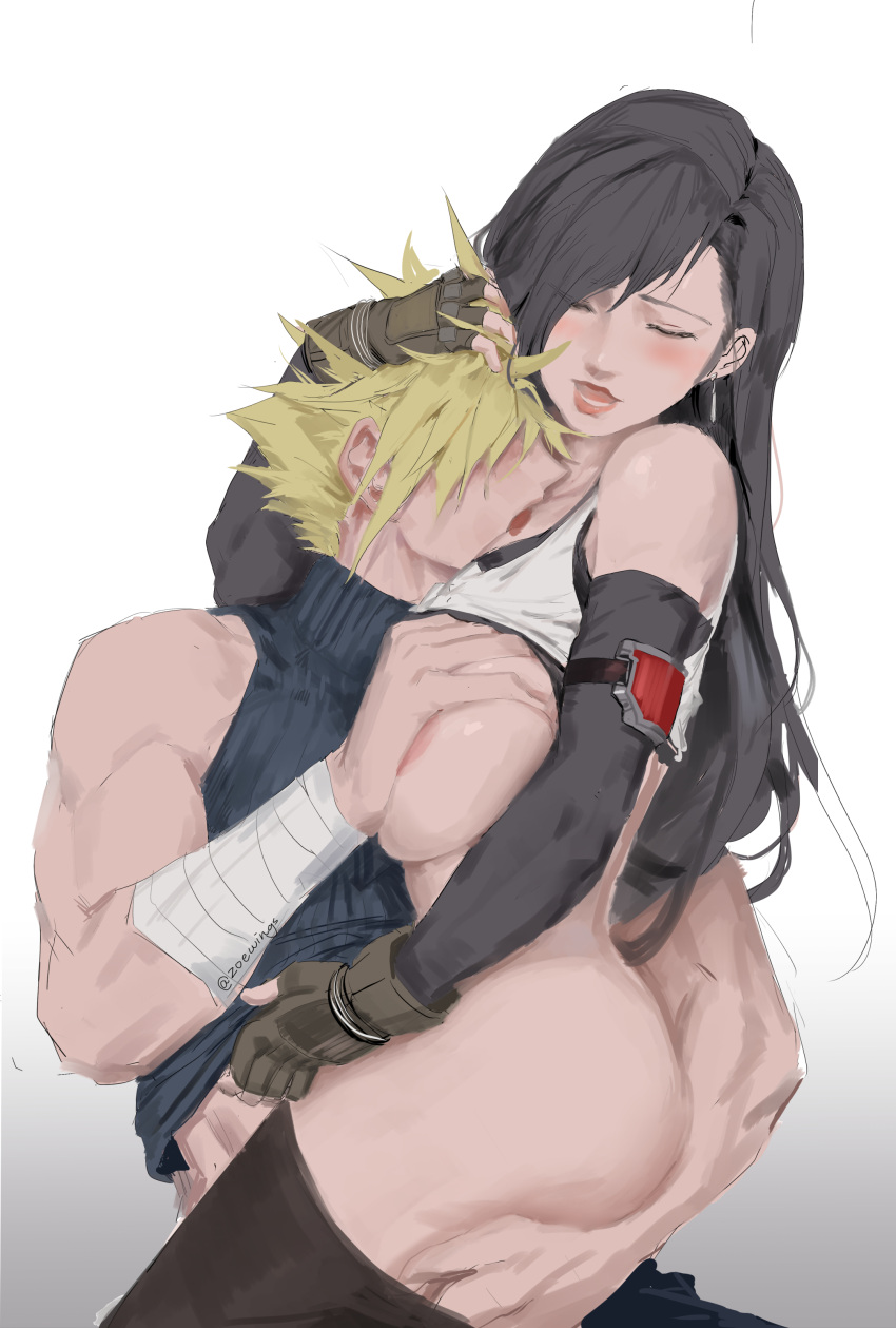 absurdres ass_grab black_hair black_thighhighs blonde_hair breasts closed_eyes cloud_strife crop_top earrings final_fantasy final_fantasy_vii final_fantasy_vii_remake fingerless_gloves gloves grabbing grabbing_another's_breast grabbing_another's_hair highres jewelry kiss large_breasts licking licking_another's_neck licking_neck long_hair moaning open_mouth single_earring sleeveless sleeveless_turtleneck spiked_hair tank_top teardrop_earrings thick_thighs thighhighs thighs tifa_lockhart turtleneck undressing white_tank_top zoewingsz
