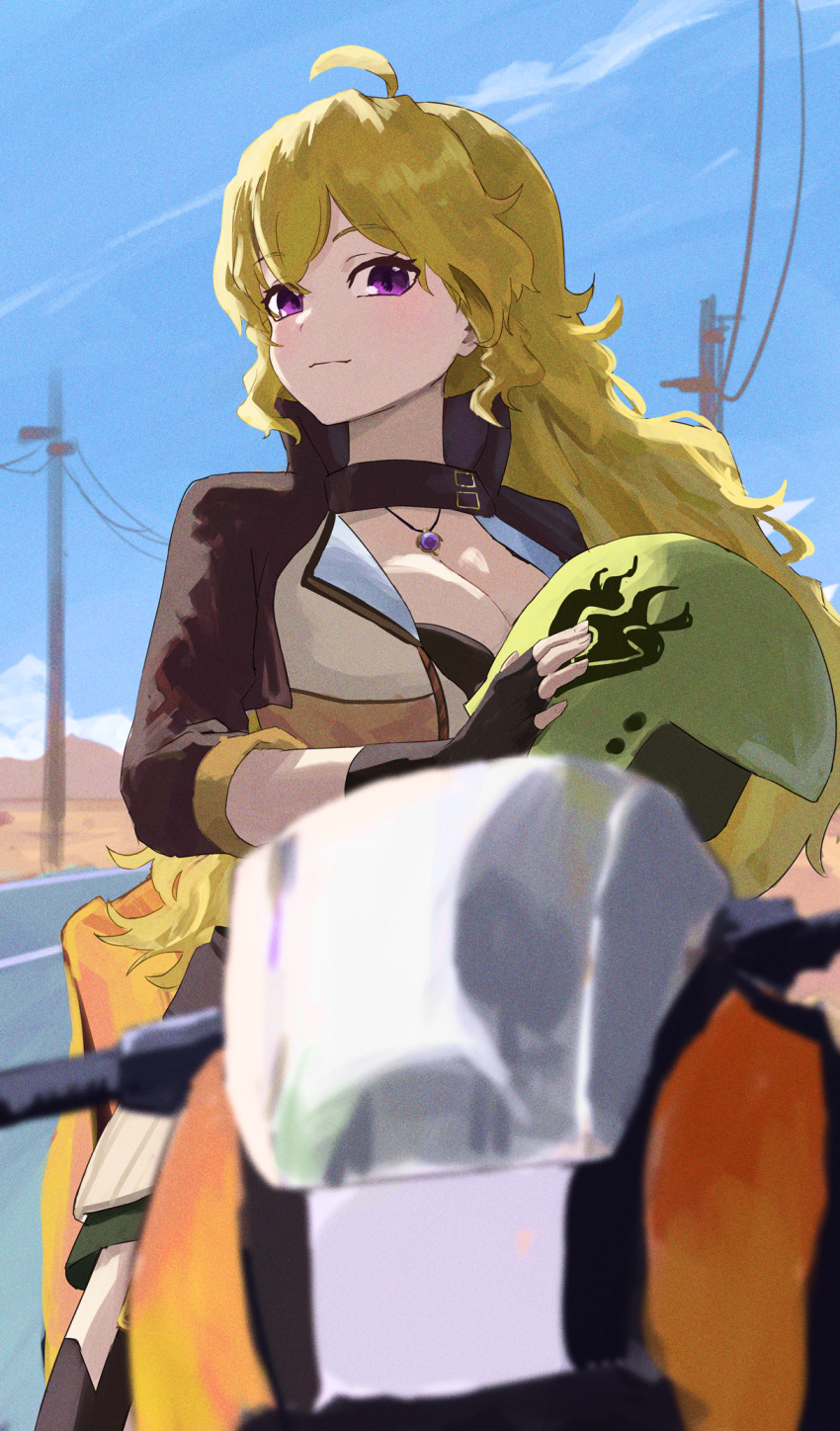 1girl ahoge blonde_hair blue_sky blurry breasts brown_gloves brown_jacket bumblebee_(rwby) cleavage clip_studio_paint_(medium) closed_mouth collared_jacket day depth_of_field eyes_visible_through_hair film_grain fingerless_gloves fingernails from_below gloves helmet high_collar highres highway holding jacket jewelry light_blush light_smile long_hair looking_at_viewer making-of_available motor_vehicle motorcycle motorcycle_helmet open_clothes open_jacket outdoors pendant purple_eyes rwby ryoha_kosako sitting sky sleeves_past_elbows solo sunlight video_thumbnail wavy_hair yang_xiao_long