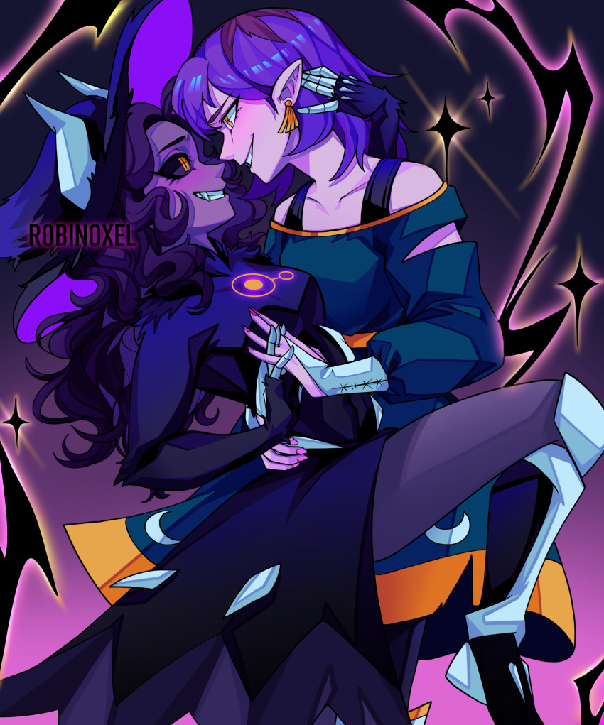 3girls amity_blight arm_around_waist black_fur black_sclera claws colored_sclera dark-skinned_female dark_skin demon_girl demon_horns earrings eye_contact eyebrow_cut fang highres holding_hands horns jewelry looking_at_another luz_noceda multiple_girls pointy_ears purple_hair robinoxel smile tassel tassel_earrings the_owl_house wavy_hair yellow_eyes yuri