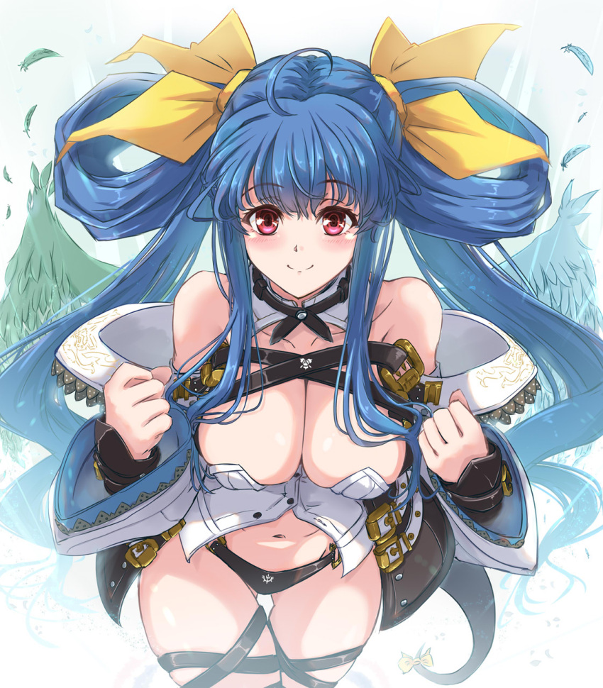 1girl ahoge angel_wings ass_visible_through_thighs bare_shoulders belt black_panties blue_hair blush breasts cleavage cleavage_cutout closed_mouth clothing_cutout collarbone crop_top dizzy_(guilty_gear) feathered_wings feathers from_above guilty_gear guilty_gear_xrd hair_between_eyes hair_rings highres large_breasts long_hair long_sleeves nt50 panties red_eyes ribbon skindentation smile tail tail_ornament tail_ribbon thick_thighs thigh_gap thigh_strap thighs twintails underwear very_long_hair wings