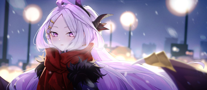 1girl ahoge alternate_costume black_coat blue_archive blurry breath building coat commentary_request demon_girl demon_horns demon_wings depth_of_field forehead fur-trimmed_coat fur_trim highres hina_(blue_archive) horns kis_sako lamppost long_hair long_sleeves looking_at_viewer outdoors parted_bangs parted_lips purple_eyes red_scarf scarf sidelocks skyline skyscraper snowing solo visible_air wavy_hair white_hair wind wings winter_clothes winter_coat