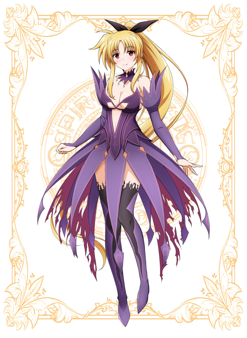 1girl black_hairband blonde_hair blush boots breasts card_(medium) cleavage closed_mouth collarbone cosplay detached_collar detached_sleeves dress fate_testarossa floating_hair full_body hairband high_ponytail highres large_breasts long_hair long_sleeves looking_at_viewer lyrical_nanoha mahou_shoujo_lyrical_nanoha maxima_sakuya_enfield maxima_sakuya_enfield_(cosplay) oshimaru026 parted_bangs purple_dress purple_footwear purple_sleeves red_eyes revealing_clothes shining_(series) smile solo very_long_hair voice_actor_connection