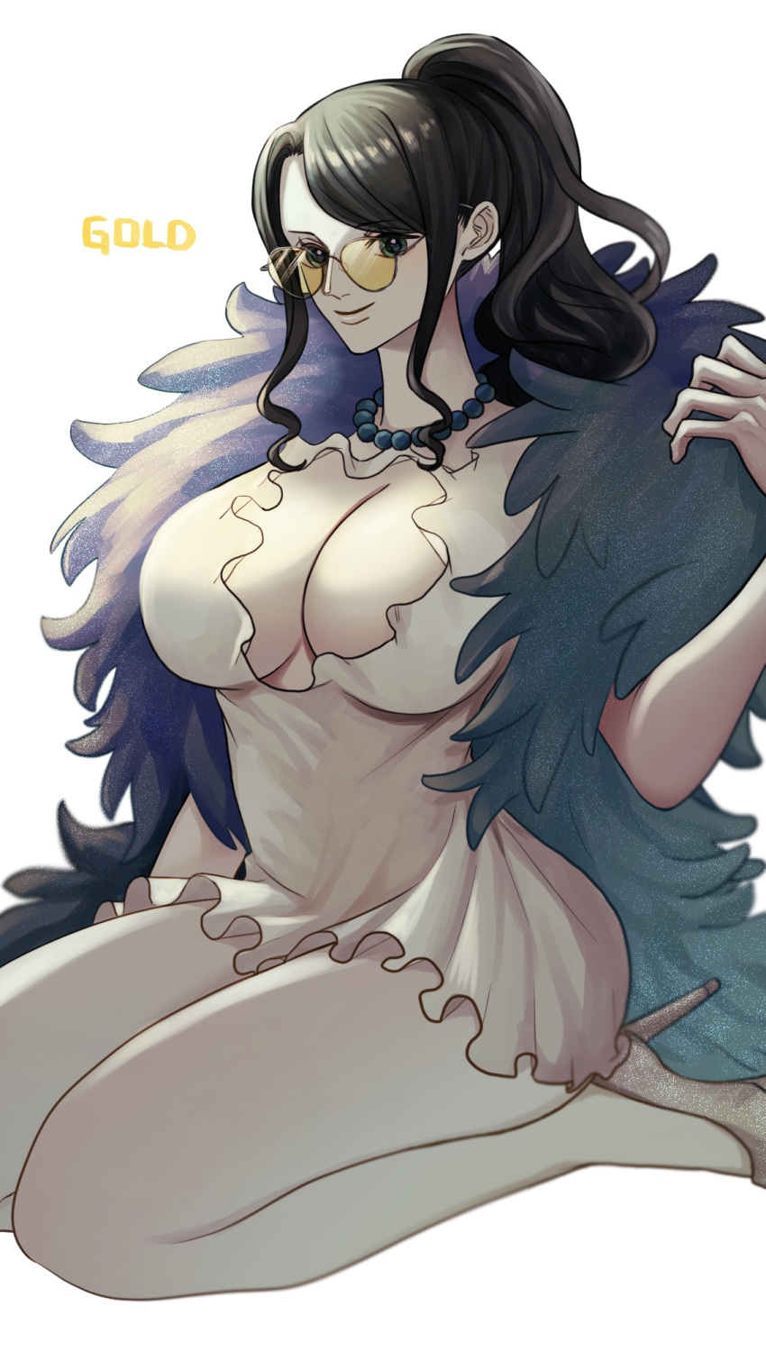 1girl black_hair blue_eyes breasts cleavage closed_mouth dress fur_trim glasses high_heels highres huge_breasts large_breasts long_hair looking_at_viewer nico_robin nsgw one_piece one_piece_film:_gold rimless_eyewear short_dress simple_background sitting smile solo sunglasses tinted_eyewear wariza white_background white_dress yellow-tinted_eyewear