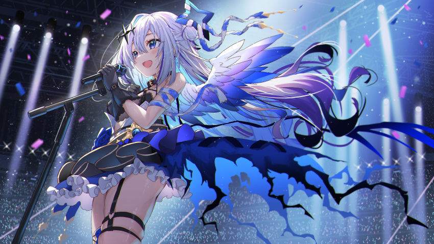 1girl absurdres amane_kanata amane_kanata_(another_world) bandaged_arm bandages black_bra black_collar black_gloves blue_flower blue_hair blue_rose blue_skirt blue_wings blush bra chest_harness collar colored_inner_hair commentary_request confetti flower gloves glowstick gradient_wings grey_hair grey_wings hair_bun halo hand_on_own_chest harness heart_o-ring highres holding holding_microphone hololive juu_p lace-trimmed_bra lace_trim layered_skirt long_hair microphone microphone_stand miniskirt multicolored_hair multicolored_wings o-ring o-ring_thigh_strap o-ring_top official_alternate_costume open_mouth purple_eyes purple_hair rose sidelocks single_hair_intake skindentation skirt solo stage stage_lights star_halo streaked_hair sweat thigh_strap thighs underwear virtual_youtuber wings