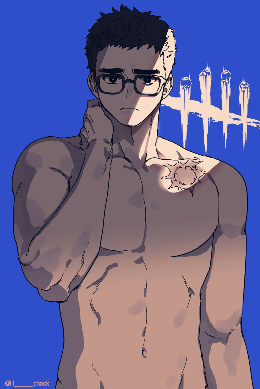1boy black_eyes black_hair commentary_request dead_by_daylight dwight_fairfield frown glasses hand_on_own_neck highres korean_commentary male_focus muscular muscular_male navel nude pectorals scar scar_on_cheek scar_on_face solo tongchock twitter_username