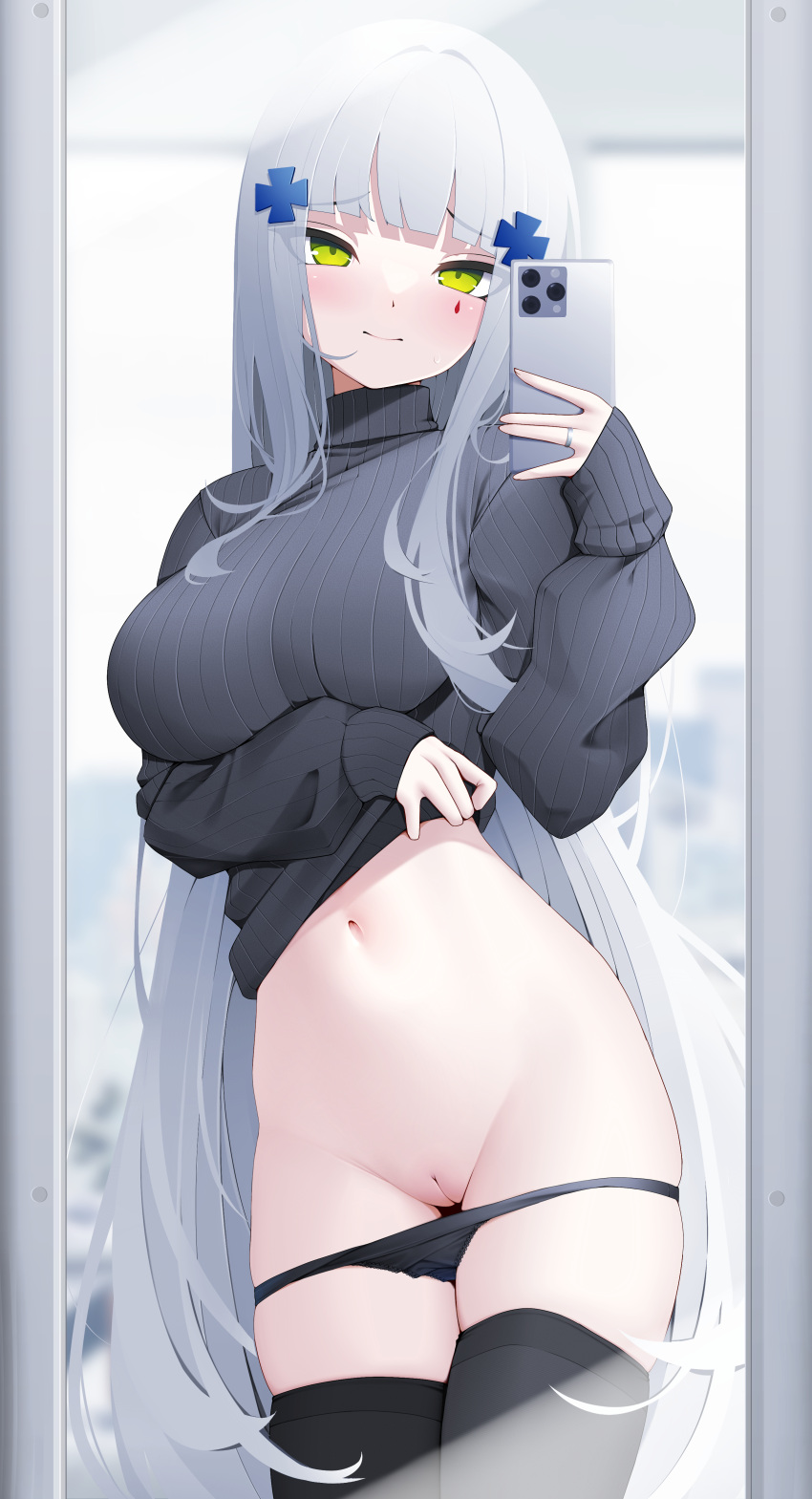 1girl absurdres black_panties black_sweater black_thighhighs blunt_bangs blush breasts cellphone cleft_of_venus closed_mouth clothes_lift commentary cowboy_shot facial_mark girls'_frontline green_eyes grey_hair hair_ornament highres hk416_(girls'_frontline) holding holding_phone jewelry large_breasts lifted_by_self long_hair long_sleeves looking_at_viewer mirror navel panties panty_pull phone pussy ribbed_sweater ring selfie solo standing stomach sweater sweater_lift teardrop_facial_mark thighhighs turtleneck turtleneck_sweater uncensored underwear very_long_hair z.taiga