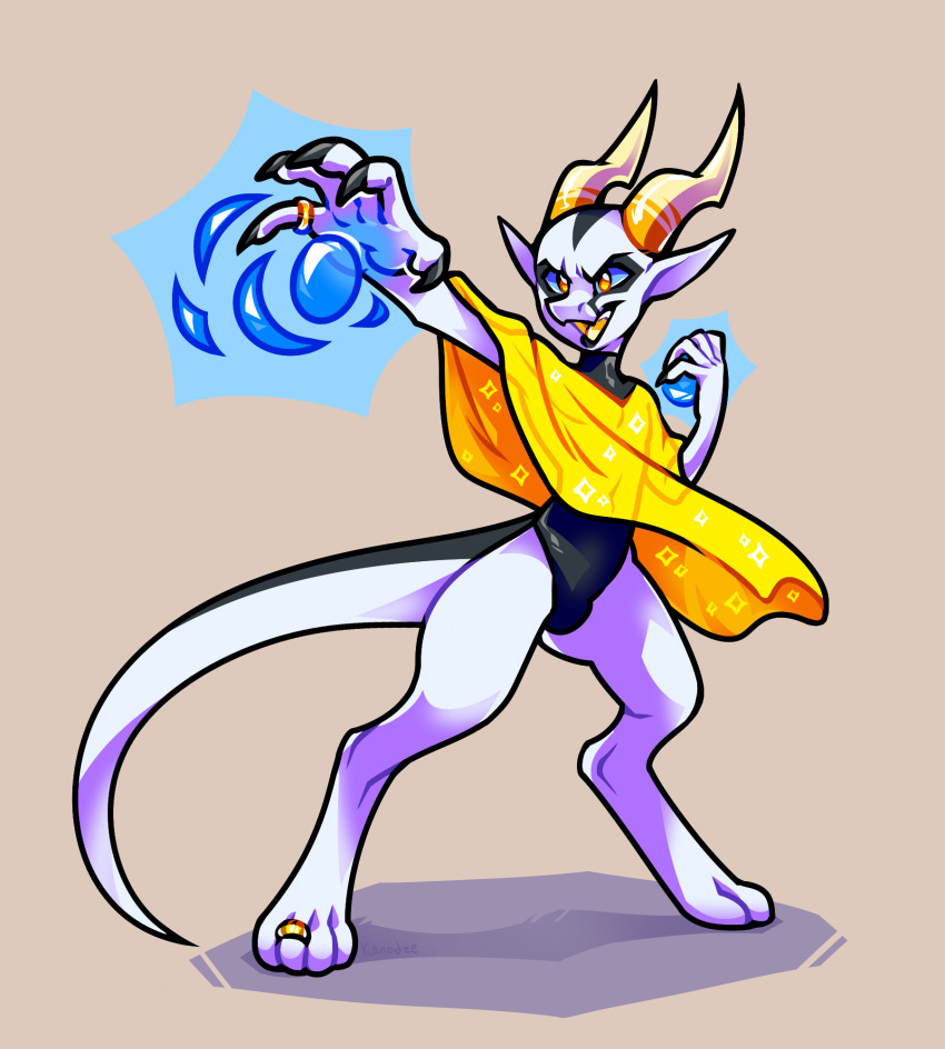 anthro attack bigmoon206 bodysuit bulge claws clothing hi_res horn jewelry kobold magic male open_mouth orb poncho ring skinsuit solo standing tail tight_clothing white_body