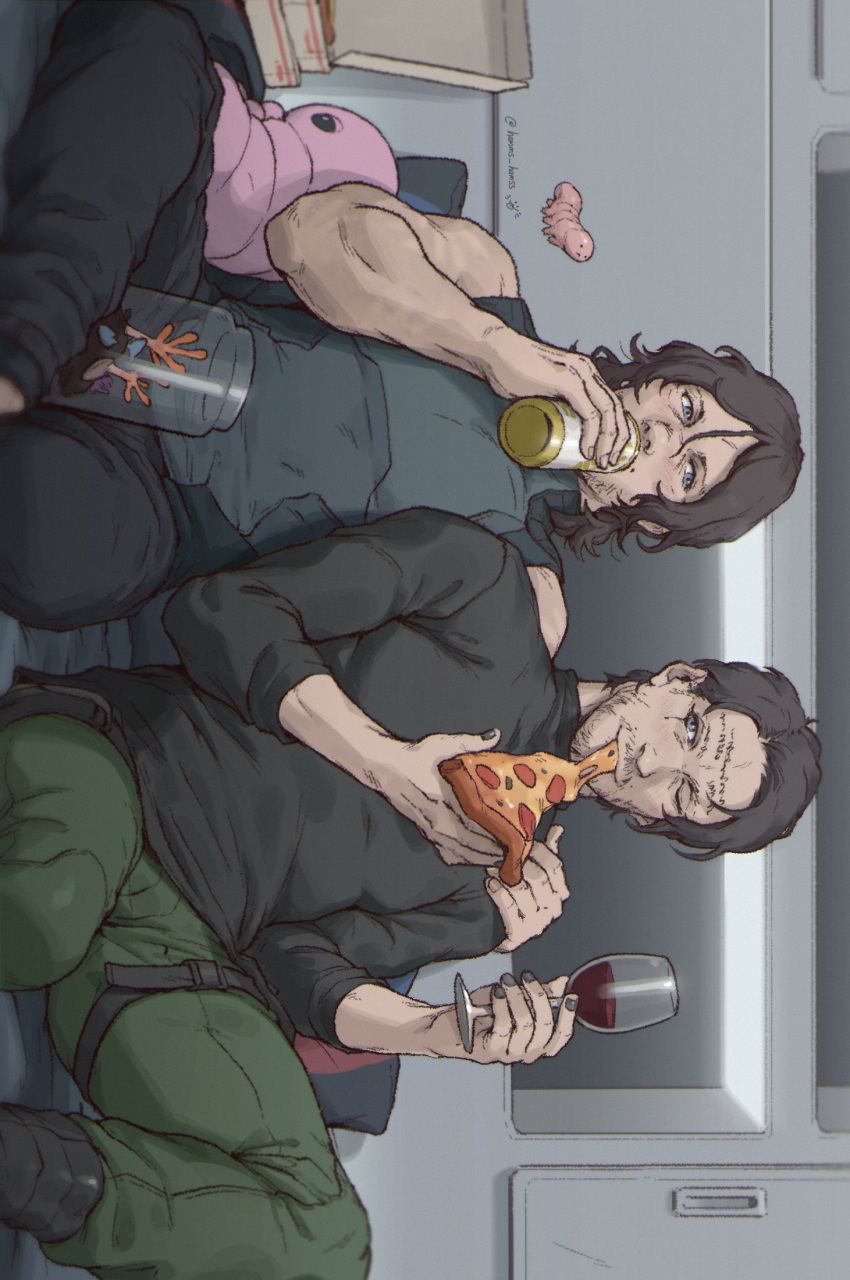 2boys alcohol black_hair black_pants black_shirt black_tank_top blue_eyes can cup death_stranding drink_can drinking_glass eating food green_pants hamms_hamss higgs_(death_stranding) highres holding holding_can holding_food holding_pizza looking_at_another male_focus multiple_boys muscular muscular_male one_eye_closed pants pizza pizza_slice sam_porter_bridges shirt short_hair sitting tank_top wine wine_glass worm