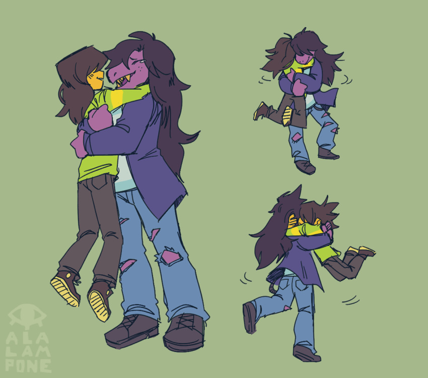 al_a._lampone clothed clothing deltarune female fully_clothed hair hair_over_eyes happy hug human kris_(deltarune) larger_female long_hair male mammal scalie sharp_teeth size_difference smile susie_(deltarune) tears teeth video_games