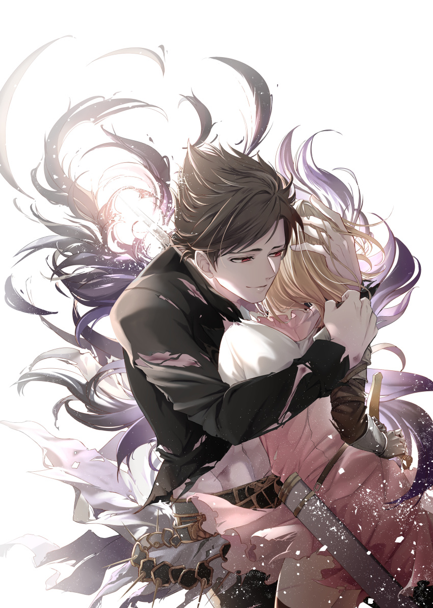 1boy 1girl absurdres backlighting belial_(granblue_fantasy) belt black_hair black_pants black_shirt black_thighhighs blonde_hair closed_mouth cowboy_shot djeeta_(granblue_fantasy) dress gloves granblue_fantasy hand_on_another's_head highres hug injury looking_at_another marorincho messy_hair pants pink_dress red_eyes scabbard sheath shirt short_dress short_hair simple_background smile stab standing sword thighhighs torn_clothes weapon white_background zettai_ryouiki