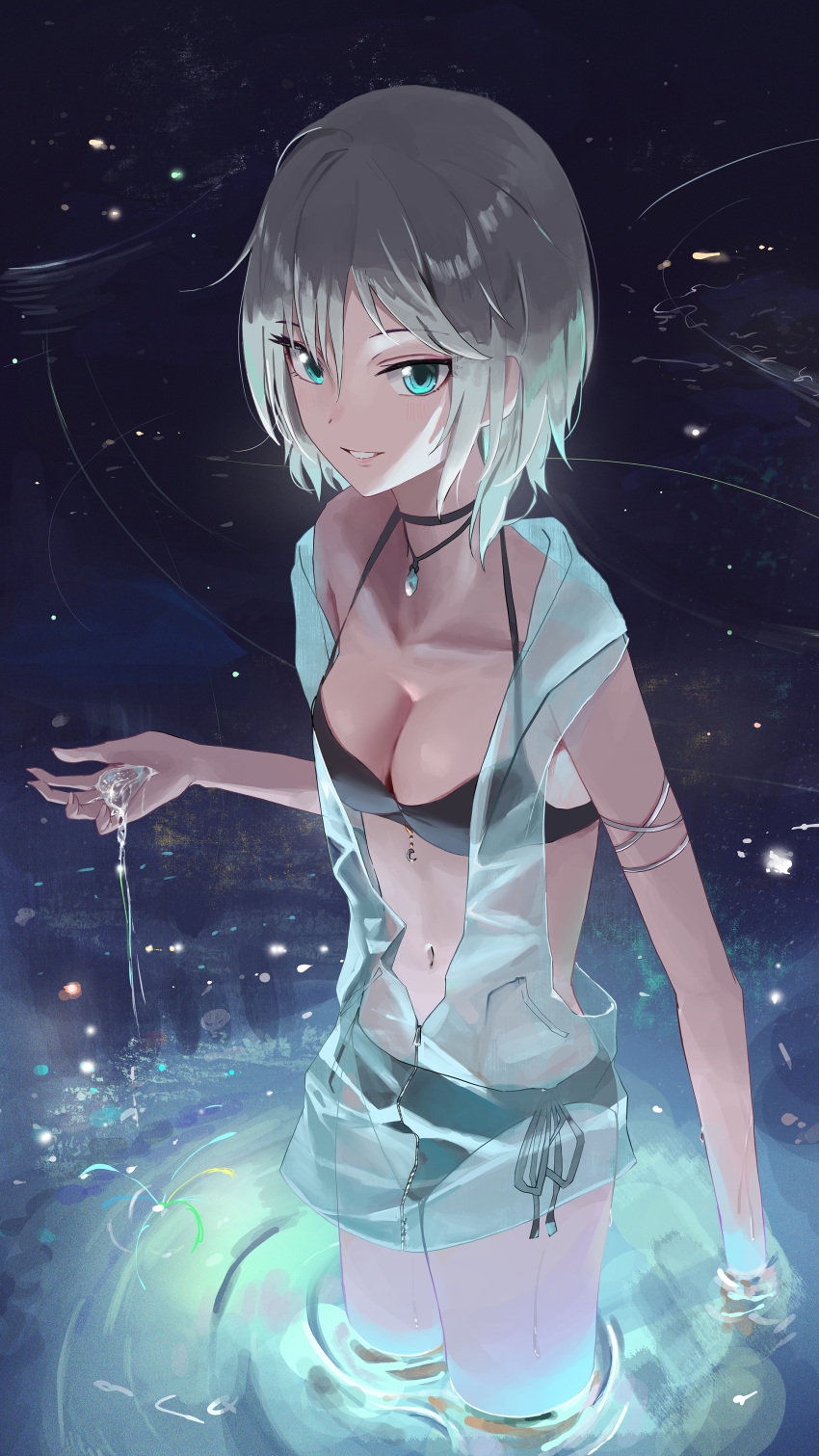 1girl absurdres anastasia_(idolmaster) aqua_eyes armlet bikini black_bikini blue_background breasts cleavage collarbone highres holding_water idolmaster idolmaster_cinderella_girls jewelry looking_to_the_side navel necklace nofakeuk parted_lips partially_submerged see-through see-through_coat short_hair side-tie_bikini_bottom solo standing swimsuit water water_drop white_hair