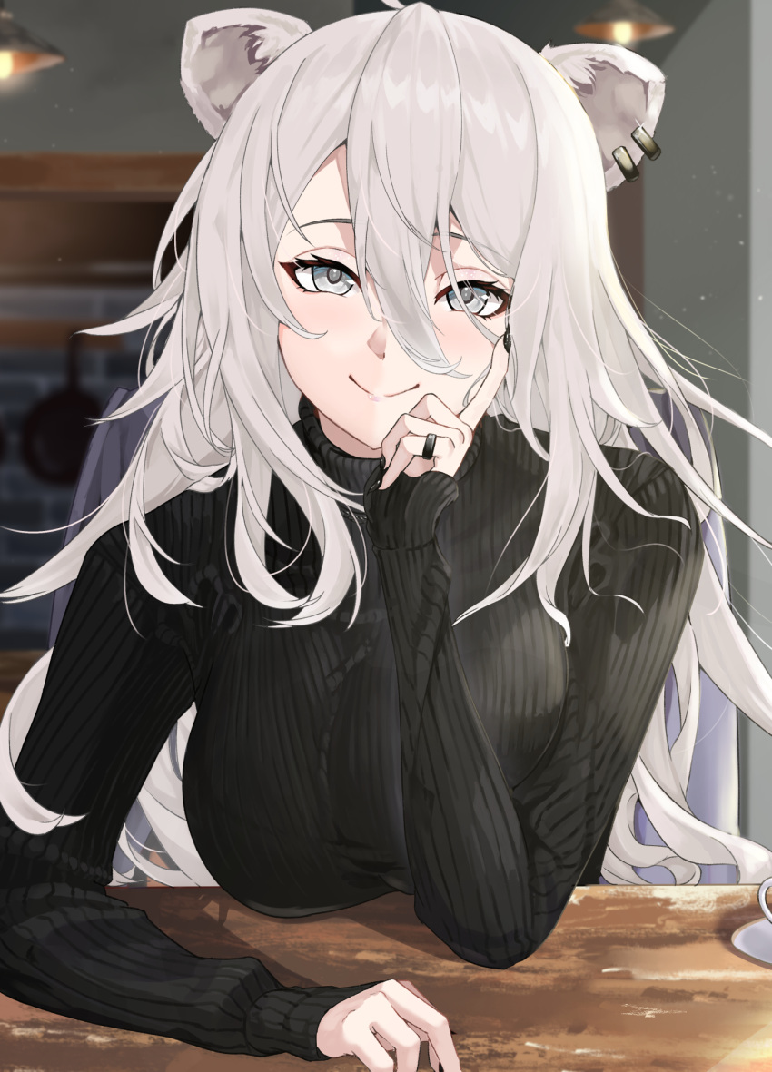 1girl animal_ears black_sweater breasts grey_eyes grey_hair hair_between_eyes highres hololive jewelry large_breasts lion_ears lion_girl long_hair long_sleeves looking_at_viewer looking_back ribbed_sweater ring shishiro_botan sitting smile solo sweater takotobuta turtleneck virtual_youtuber