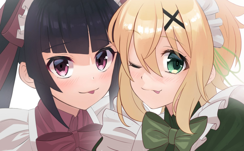 2girls :p ;p akatsuki_kirika alternate_costume black_hair blonde_hair blunt_bangs bow bowtie enmaided green_bow green_bowtie green_eyes green_ribbon hair_between_eyes hair_ornament hair_ribbon maid maid_headdress multiple_girls nyanmaru one_eye_closed portrait red_bow red_bowtie red_eyes ribbon senki_zesshou_symphogear short_hair tongue tongue_out tsukuyomi_shirabe x_hair_ornament