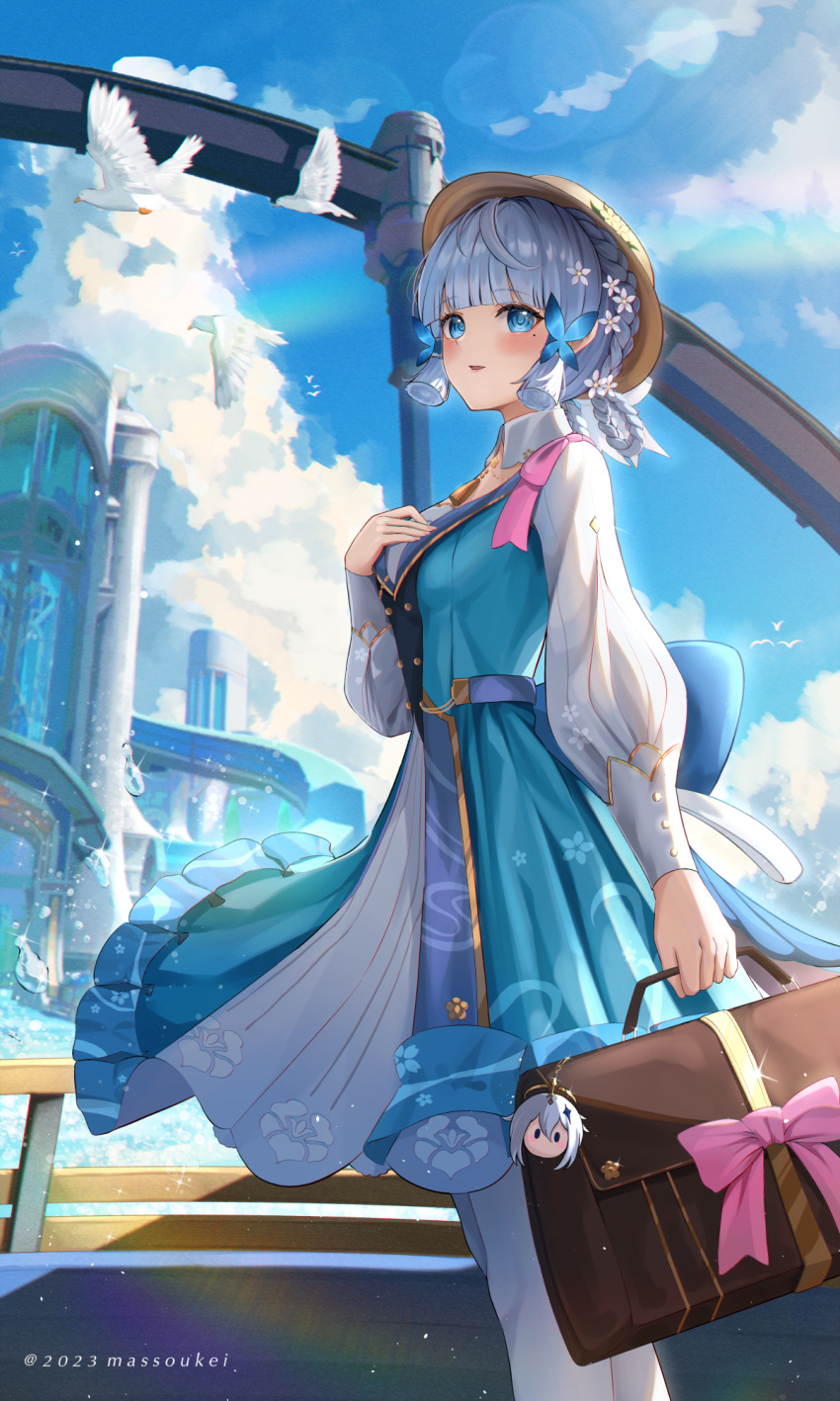 1girl artist_name back_bow bikini blue_bow blue_dress blue_sky bow braid brown_headwear butterfly_hair_ornament cloud commentary cowboy_shot dress english_commentary flower genshin_impact hair_flower hair_ornament hair_up hand_on_own_chest hat hat_flower highres holding holding_suitcase kamisato_ayaka kamisato_ayaka_(springbloom_missive) light_blush long_sleeves massoukei mole mole_under_eye official_alternate_costume official_alternate_hairstyle parted_lips pink_ribbon ribbon sky solo suitcase swimsuit white_bikini white_flower