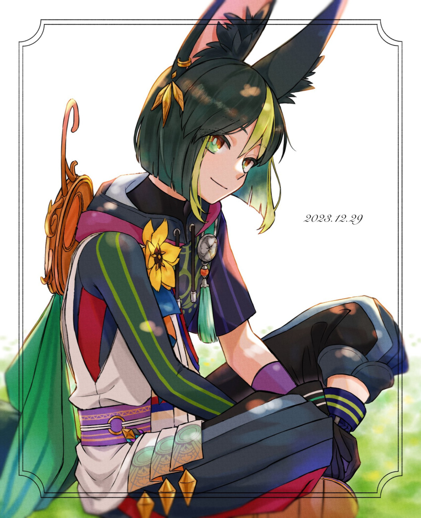 1boy animal_ear_fluff animal_ears asymmetrical_sleeves black_gloves black_hair black_pants blue_pants blunt_ends brown_eyes cape capri_pants closed_mouth commentary_request crossed_legs dated drawstring earrings flower fox_boy fox_ears fox_tail genshin_impact gloves green_cape green_eyes green_hair green_pupils hair_between_eyes head_tilt highres hood hood_down hoodie jewelry long_sleeves looking_at_viewer male_focus medal multicolored_clothes multicolored_eyes multicolored_hair pants purple_sash sash short_hair short_sleeves simple_background single_earring sitting smile solo streaked_hair tail tassel tighnari_(genshin_impact) turtleneck white_background wrist_cuffs yellow_flower yoneya_(ocome_otabe)