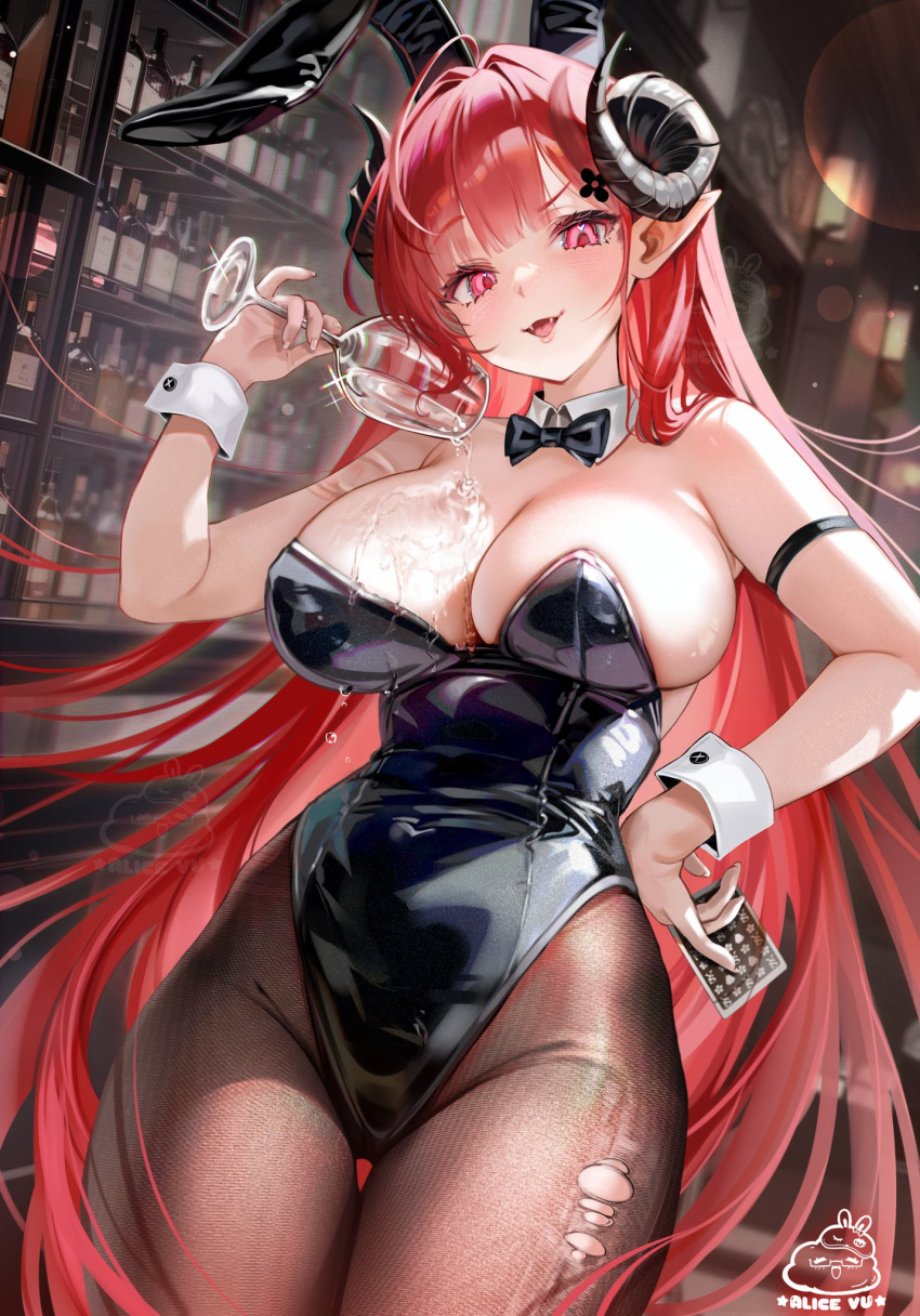 1girl ahoge alice_vu animal_ears arm_strap azur_lane black_bow black_bowtie black_horns black_leotard bow bowtie breasts card cleavage cowboy_shot cup curled_horns demon_girl detached_collar fake_animal_ears fangs hand_on_own_hip highres hindenburg_(azur_lane) hindenburg_(delirious_duel)_(azur_lane) holding holding_card holding_cup horns large_breasts leotard official_alternate_costume pantyhose pink_pupils playboy_bunny playing_card pointy_ears pouring pouring_onto_self rabbit_ears red_hair smile strapless strapless_leotard torn_clothes torn_pantyhose undersized_breast_cup wrist_cuffs
