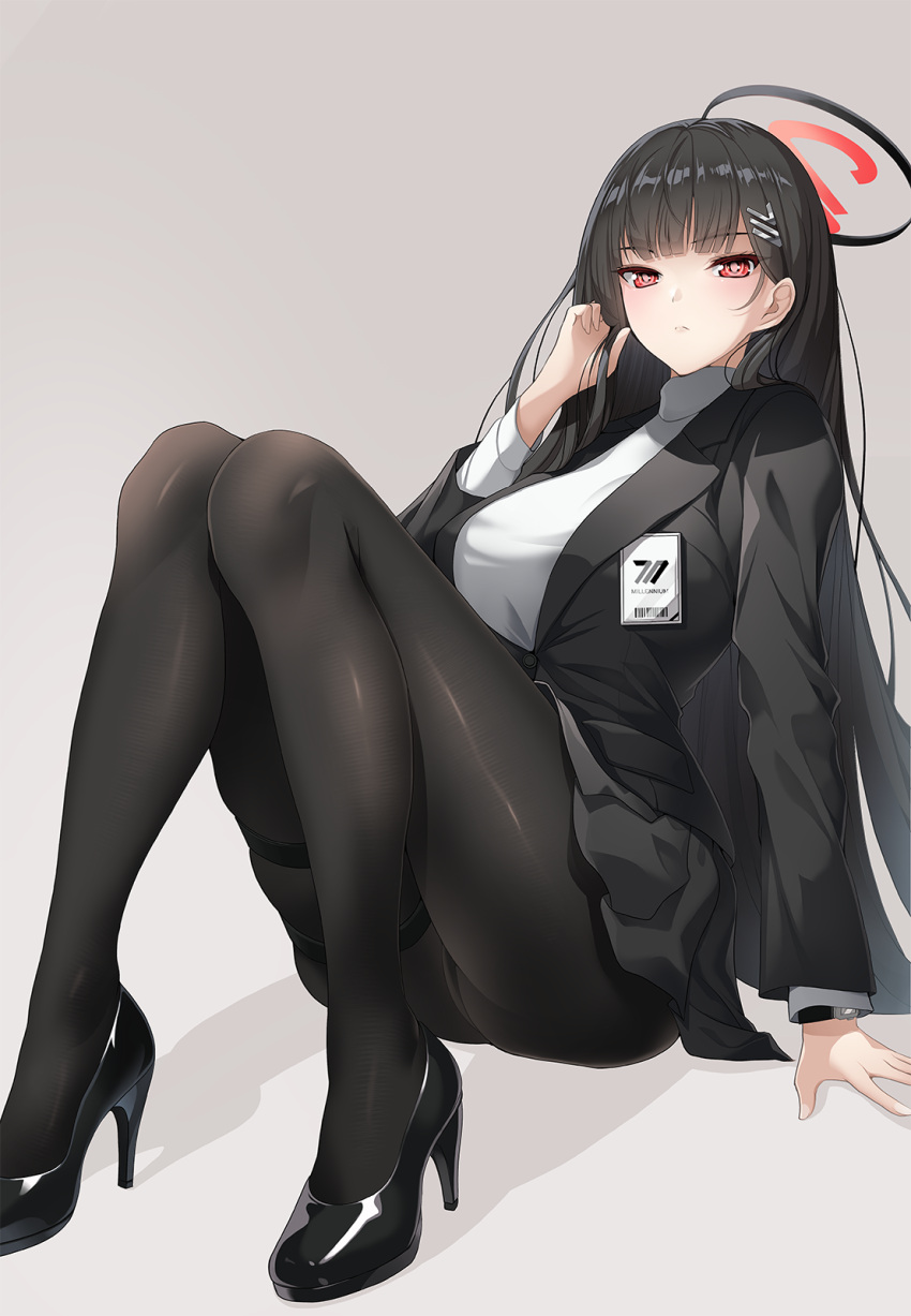 1girl black_hair black_jacket black_pantyhose black_skirt black_suit blue_archive blush breasts commentary_request hair_ornament hairclip halo highres jacket koflif large_breasts long_hair long_sleeves looking_at_viewer miniskirt pantyhose red_eyes ribbed_sweater rio_(blue_archive) sitting skirt solo suit sweater turtleneck turtleneck_sweater white_sweater