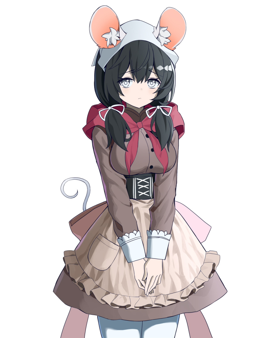 1girl animal_ear_fluff animal_ears apron black_corset black_hair breasts brown_apron brown_dress chinese_commentary closed_mouth commentary_request corset cowboy_shot crm dress hair_between_eyes hair_ribbon highres large_breasts long_sleeves looking_at_viewer low_twintails maid mouse_ears mouse_girl ribbon rimworld simple_background solo thighhighs twintails white_background white_eyes white_ribbon white_thighhighs