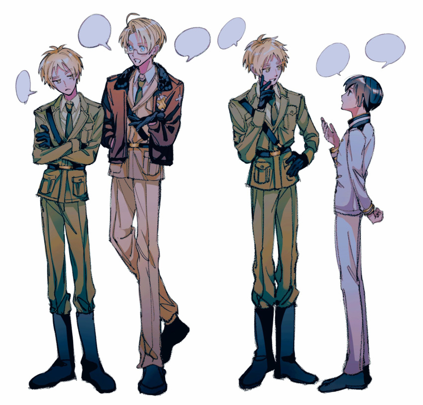 3boys america_(hetalia) arm_behind_back axis_powers_hetalia belt black_belt black_footwear black_gloves black_hair blank_speech_bubble blonde_hair blue_eyes boots brown_jacket clone collared_shirt crossed_arms expressionless full_body glasses gloves green_jacket green_necktie green_pants hand_on_own_face hand_on_own_hip hand_up high_collar highres jacket japan_(hetalia) knee_boots long_sleeves looking_at_another male_focus military_uniform multiple_boys naotin3333 necktie open_mouth outstretched_hand pants profile sam_browne_belt shirt shoes short_hair sideways_glance simple_background smile speech_bubble standing uniform united_kingdom_(hetalia) white_background white_pants white_shirt yellow_eyes yellow_jacket yellow_pants