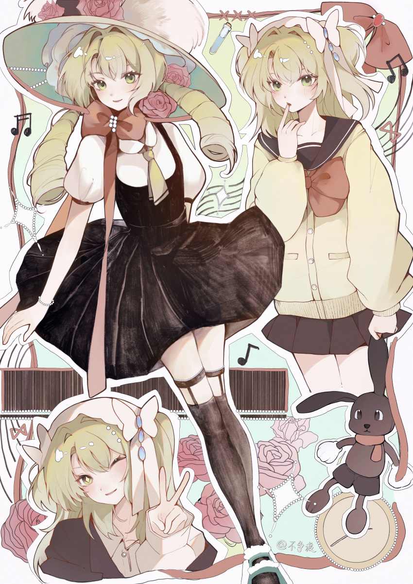 +_+ 1girl absurdres black_dress black_skirt black_thighhighs bow buzheng_du chinese_commentary clock closed_mouth commentary_request dress drill_hair eighth_note flower green_eyes green_headwear green_sweater hair_ribbon hat hat_flower highres large_hat long_hair long_sleeves looking_at_viewer multiple_views musical_note one_eye_closed pinafore_dress pink_flower pink_rose pleated_skirt puffy_short_sleeves puffy_sleeves red_bow reverse:1999 ribbon rose school_uniform shirt short_sleeves skirt sleeveless sleeveless_dress smile sotheby staff_(music) stuffed_animal stuffed_rabbit stuffed_toy sweater thighhighs twin_drills two_side_up very_long_hair white_ribbon white_shirt